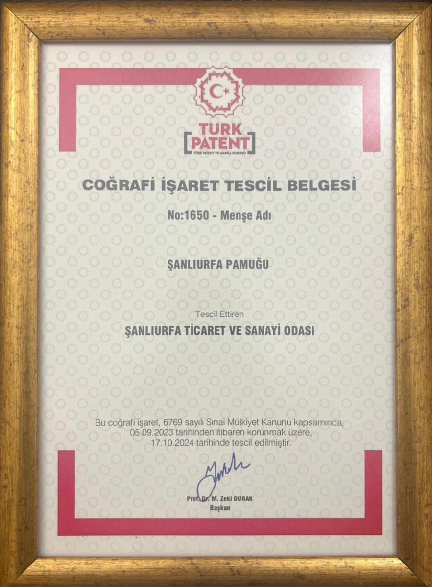 Şanlıurfa’mızda üretilen ve Şanlıurfa'mız ile özdeşleşmiş pamuğun kaliteli üretimi ile hem yurt içinde hemde yurt dışı pazarlarda hakettiği değere kavuşturabilmek ve bölgemize katma değer sağlamak amacıyla Şanlıurfa Pamuğu'nun Tescili yapılmıştır. Verdikleri emeklerden dolayı tüm