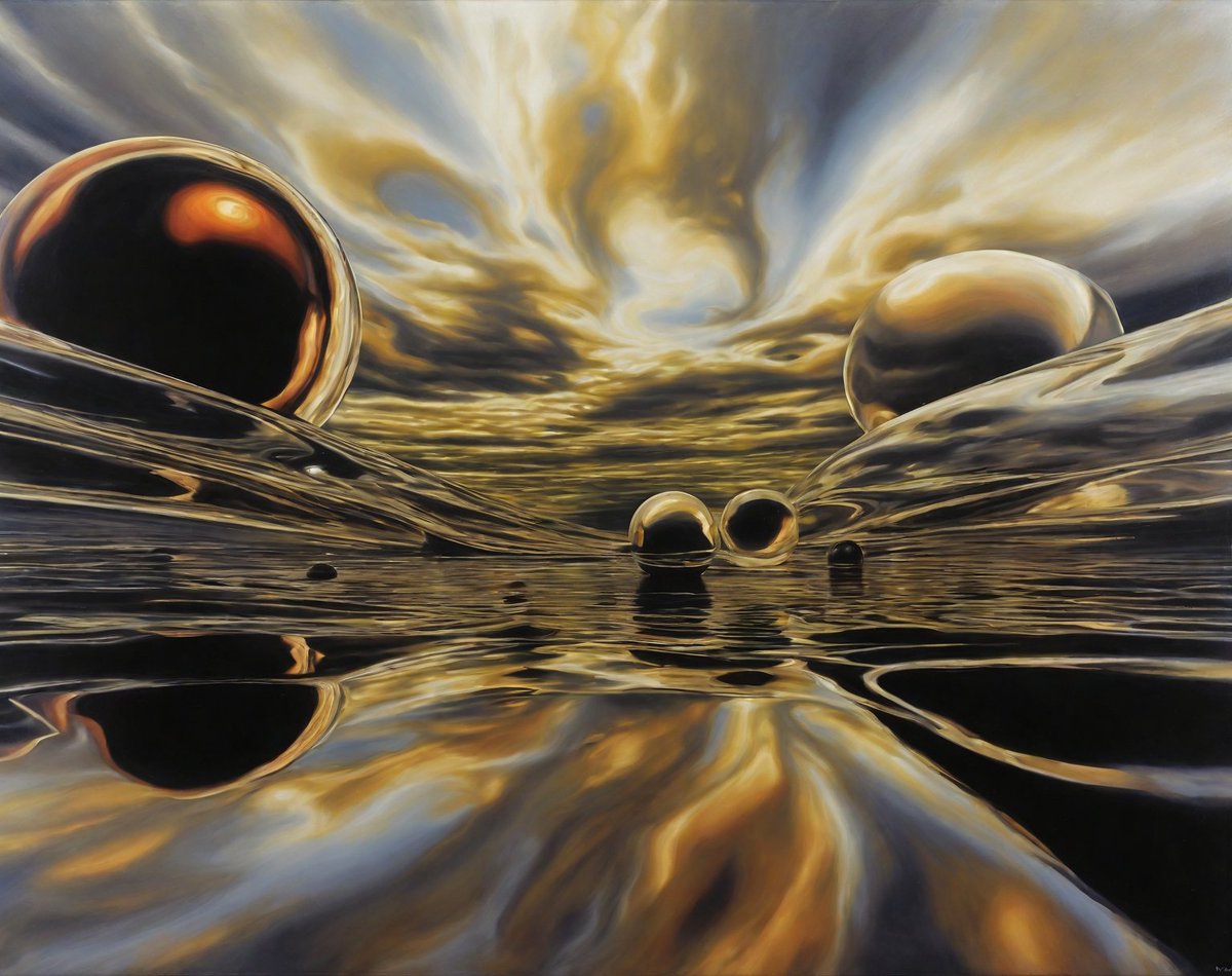 aam001a's tweet photo. Wk 22 - Candidate 16 : Golden Spheres, Liquid Skies #GoldenSpheres #LiquidSkies #ReflectionsOfEternity #CosmicReflections #InfiniteHorizons #EtherealArt https://t.co/ssFzyRLVmV