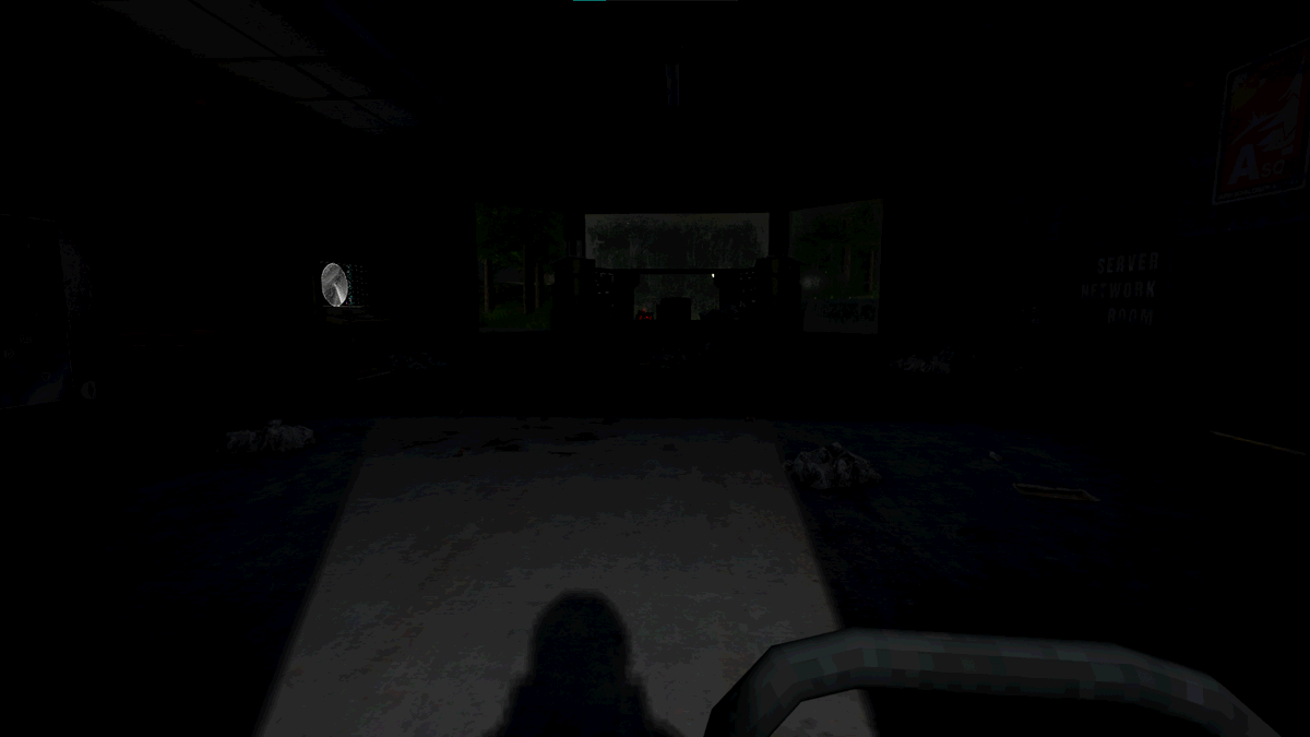 Toastiez's tweet photo. The main room is also covered in trash, the back light from the hallway lights illuminates your workstation. "Welp, might as well get settled", you say, confidently. #voicesofthevoid https://t.co/4q8kOkN0u1