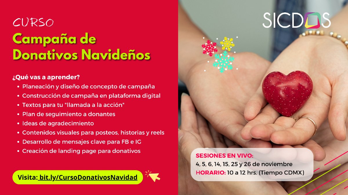 SICDOS's tweet image. 🎄¿Cuántas veces has hecho una campaña de fin de año para obtener #donativos y no has obtenido resultados?🥺
🎄Aprende de estrategia, mensajes para que las personan donen, seguimiento a tus #donantes para que TU CAMPAÑA SÍ FUNCIONE.
Toda la info:
✅i.mtr.cool/injbnaqypj