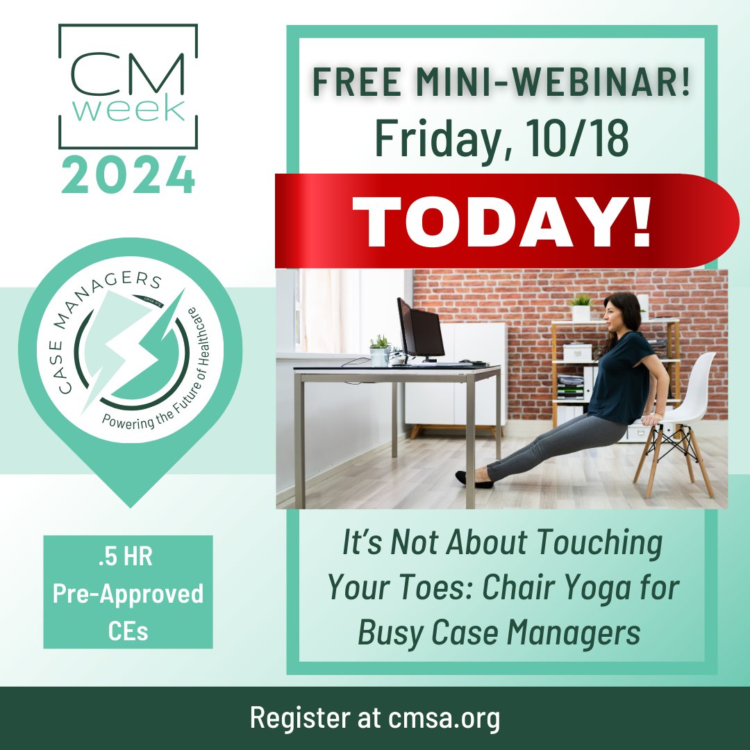CMSANational's tweet image. It's Day 6 of #CMWeek2024! 
➡️Last Chance for the Treasure Hunt!
➡️Mini-WEBINAR + Chair Yoga 
➡️Save 25% on assessments &amp;amp; CEs with our “Opioid Use Disorder #CaseManagement Guide!”  
➡️Today’s #CMWeek Blog by Dr. Colleen Morley-Grabowski
Links @🔗cmsa.org/about/national…
#CMSA