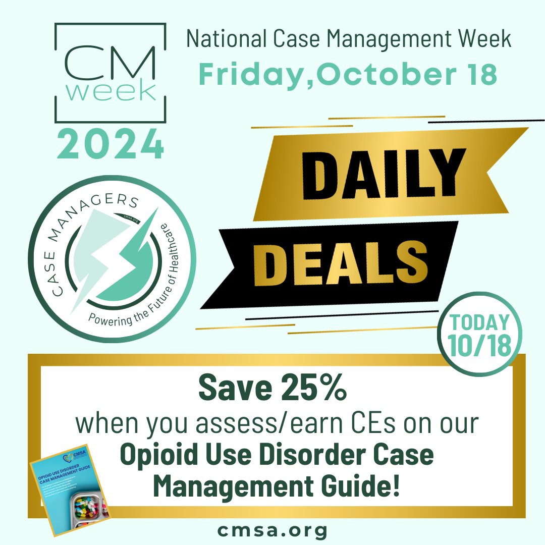 CMSANational's tweet image. It's Day 6 of #CMWeek2024! 
➡️Last Chance for the Treasure Hunt!
➡️Mini-WEBINAR + Chair Yoga 
➡️Save 25% on assessments &amp;amp; CEs with our “Opioid Use Disorder #CaseManagement Guide!”  
➡️Today’s #CMWeek Blog by Dr. Colleen Morley-Grabowski
Links @🔗cmsa.org/about/national…
#CMSA
