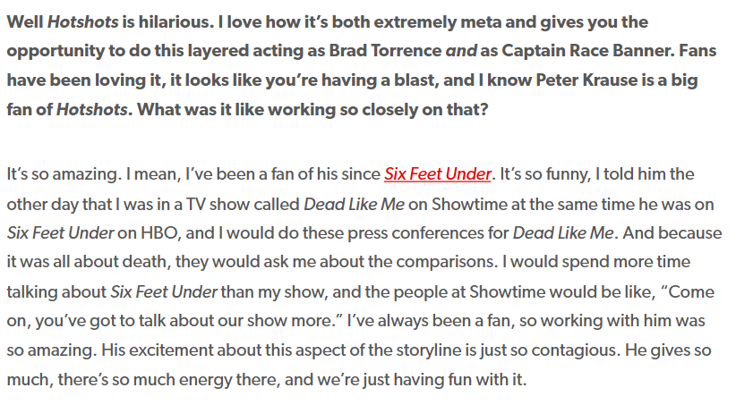 Mnxeu's tweet photo. Callum Blue, who plays Brad saying he was a big fan of Six Feet Under & Peter Krause. 🥺 Dude, every time I hear someone talk about Peter it makes me wanna sob, he seems like such a lovely guy to know. 🥺 #911twt #911onABC #911abc #SixFeetUnder #PeterKrause #CallumBlue https://t.co/8WFdsMvD3Z