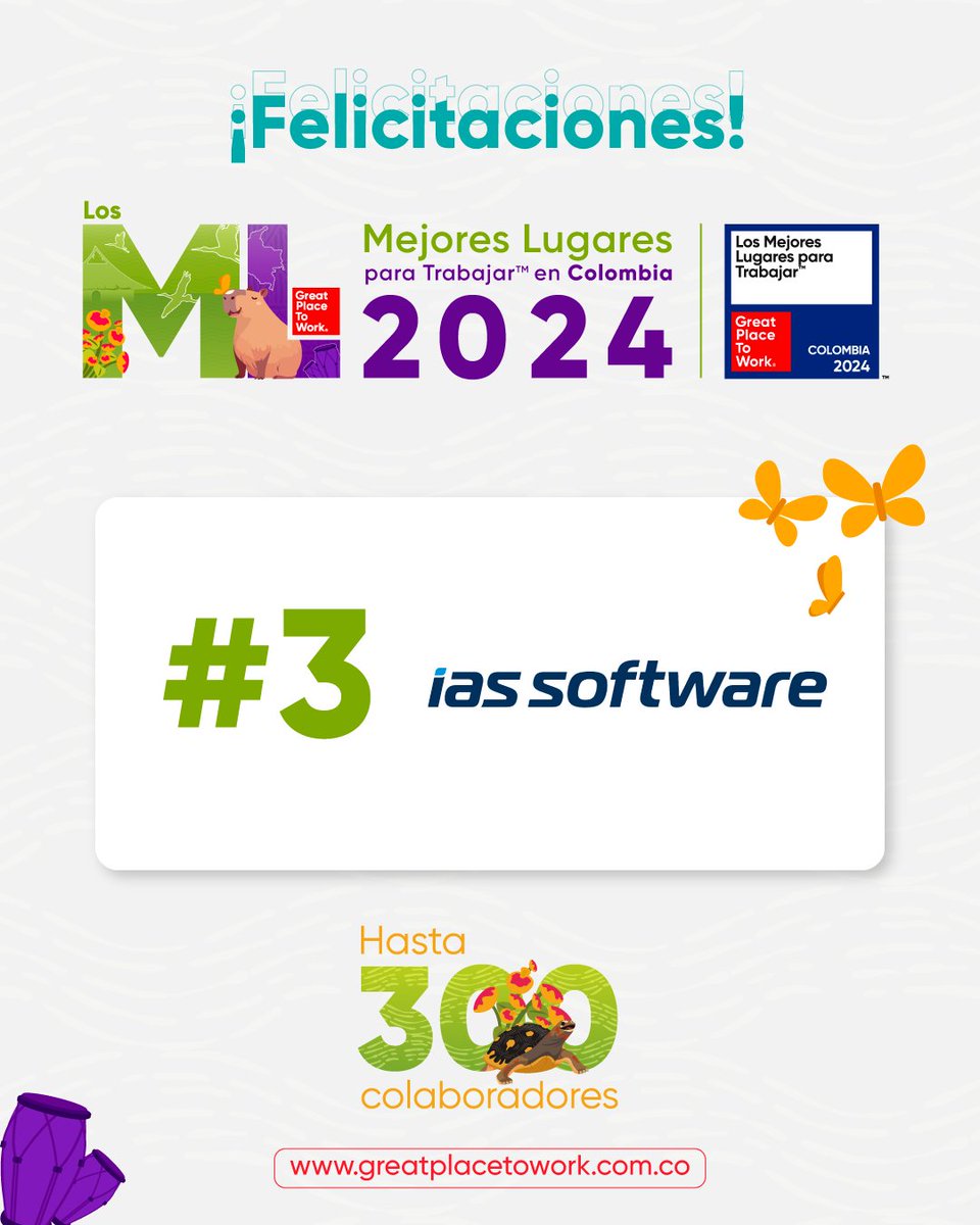 GPTW_Colombia's tweet photo. 🏅 El top 3 de empresas en la categoría de hasta de 300 colaboradores en “Los Mejores Lugares para Trabajar™ en Colombia, 2024” está conformado por @IASSOFTWARE, @TI724co y Gestión Integral de Proyectos. �� https://t.co/MhqfYQu9mD