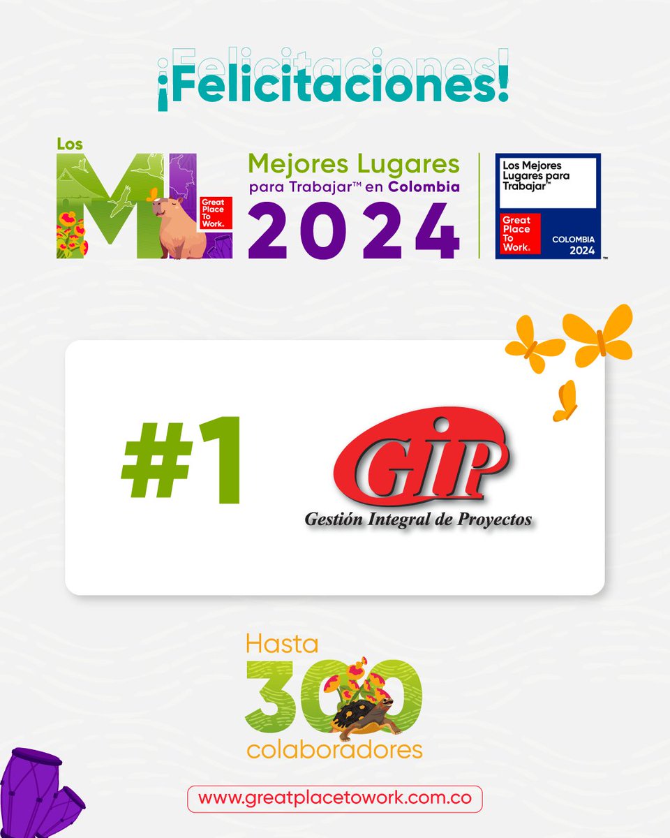 GPTW_Colombia's tweet photo. 🏅 El top 3 de empresas en la categoría de hasta de 300 colaboradores en “Los Mejores Lugares para Trabajar™ en Colombia, 2024” está conformado por @IASSOFTWARE, @TI724co y Gestión Integral de Proyectos. �� https://t.co/MhqfYQu9mD