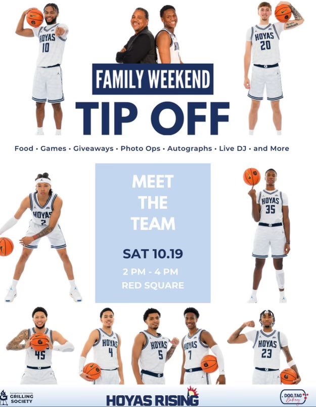 Hoya family, pull up to red square this Saturday from 2-4 for the Family Weekend Tipoff!

Food, games, giveaways and more!!!