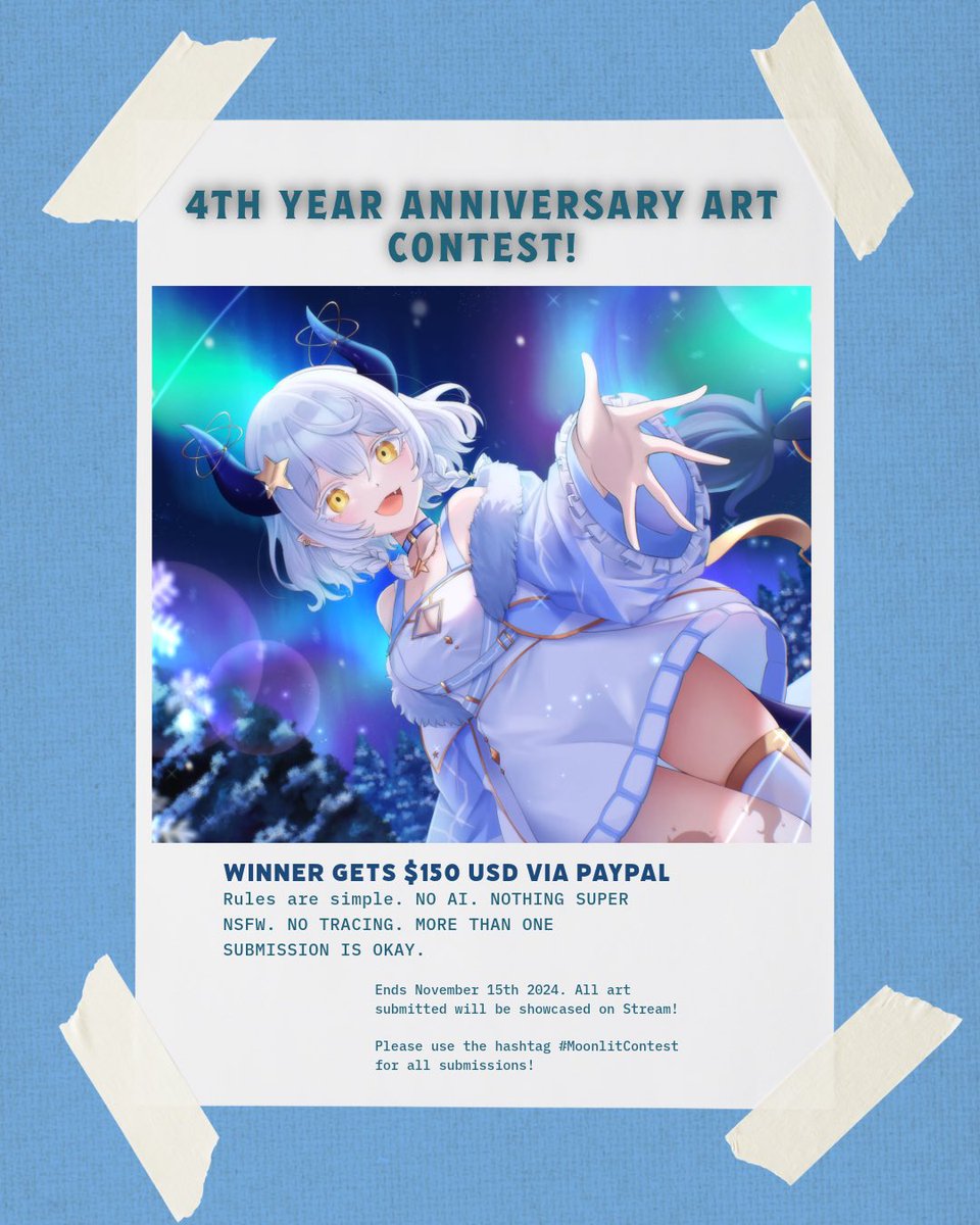 MoonlitSalem's tweet photo. ๐ฃ ANNOUNCEMENT! ๐ฃ
To celebrate 4 years of streaming as a VTuber I will be hosting an Art Contest.
Winner gets $150 USD!
Please use the hashtags #MoonlitContest & #MoonlitArt
ENDS NOV 15TH
All artwork will be featured on stream before we play Jackbox with Chat!
#Vtuber #Envtuber