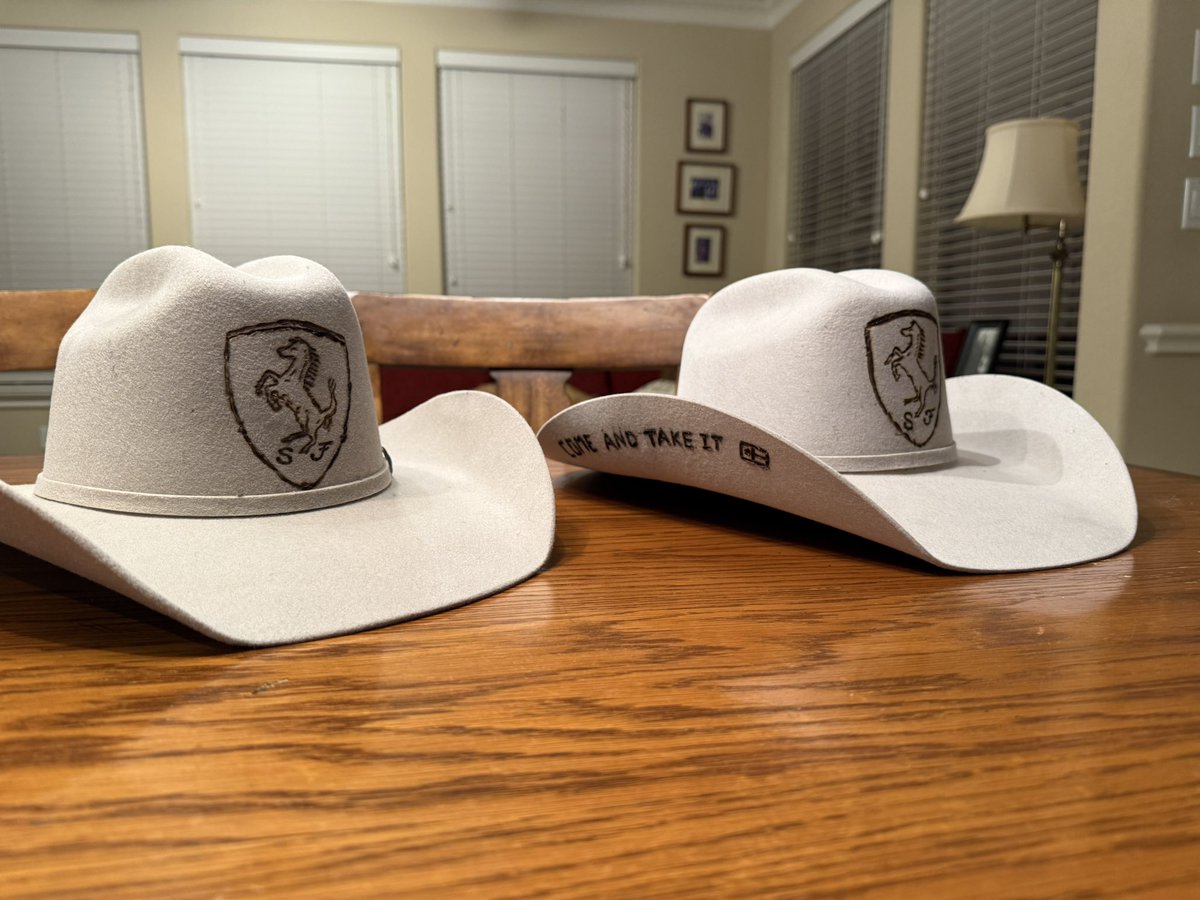 imethanbradb's tweet photo. Lotta people asking for pics of the Ferrari branded cowboy hats. Stenciled out with pencil, used a glorified soldering iron to burn the trace in https://t.co/T9TM8Couxk