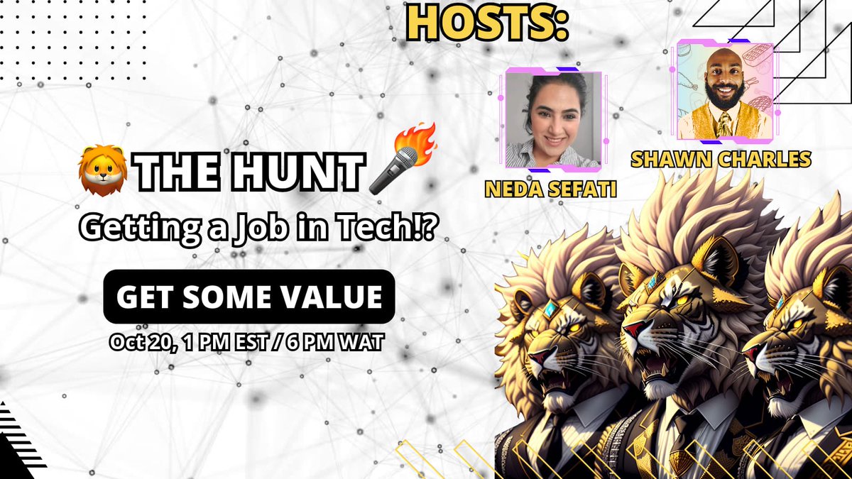 Neda Sefati (@neda_sefati) on Twitter photo THE HUNT🎤🔥Getting a Job in Tech ⁉️
<a href="/ShawnBasquiat/">Shawn Charles🎤🔥</a> and I (<a href="/neda_sefati/">Neda Sefati 🪶</a>) will be hosting <a href="/TheHuntSpaces/">The Hunt🎤🔥</a>
on X.
x.com/i/spaces/1vOxw…
Sunday, October 20th
10:00 am PST / 1:00 pm EST / 6:00 pm WAT
If you're on the hunt for your next job in tech and looking for a welcoming and THE HUNT🎤🔥Getting a Job in Tech ⁉️
<a href="/ShawnBasquiat/">Shawn Charles🎤🔥</a> and I (<a href="/neda_sefati/">Neda Sefati 🪶</a>) will be hosting <a href="/TheHuntSpaces/">The Hunt🎤🔥</a>
on X.
x.com/i/spaces/1vOxw…
Sunday, October 20th
10:00 am PST / 1:00 pm EST / 6:00 pm WAT
If you're on the hunt for your next job in tech and looking for a welcoming and