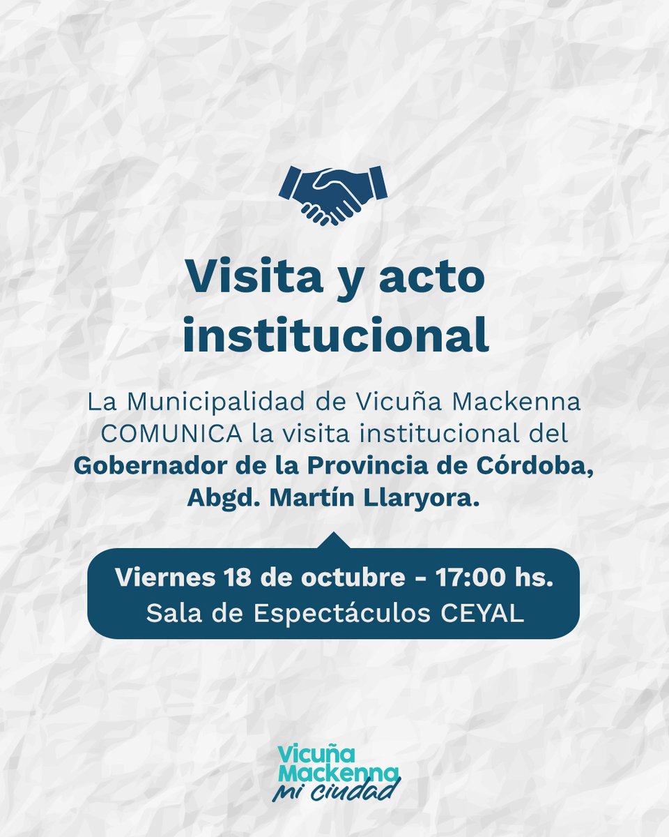 fmimpacto1043's tweet photo. 🤝 VISITA Y ACTO INSTITUCIONAL

ℹ️ La @MuniMackenna COMUNICA la visita institucional del Gobernador de la Provincia de Córdoba, Abgd. @MartinLlaryora 

🗓️ VIERNES 18 DE OCTUBRE - 17:00 HS

📌 SALA DE ESPECTACULOS CEYAL

#ActoInstitucional #Gobernador https://t.co/IMlxREGce8