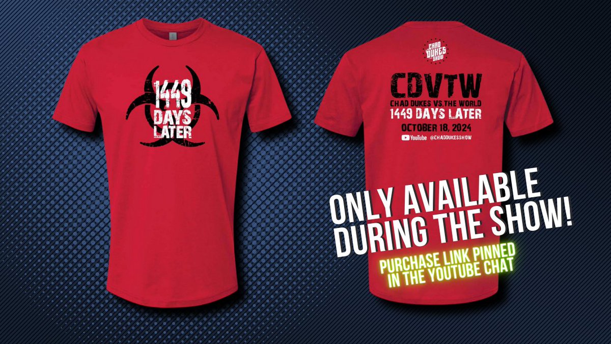 chaddukes's tweet photo. It's been 1,449 days since the last time we had a new episode of #CDVTW. The streak ends on Friday. To commemorate the slumpbuster, we are offering this tee that's only available for purchase during the episode. Purchase link goes live when #CDVTW does https://t.co/SXMnIhjNU0 https://t.co/adTPTrYGfw