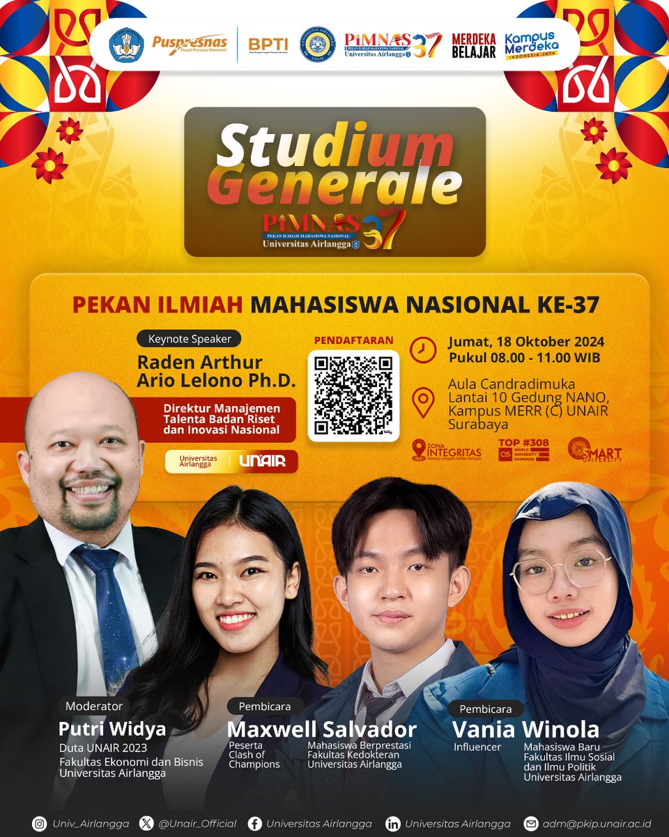 Saksikan Studium Generale #PIMNAS37 hanya di YouTube Live UNAIR TV📺

🎙️Keynote Speaker: Raden Arthur Ario Lelono Ph.D.
🎙️Pembicara: Maxwell Salvador &amp; Vania Winola

youtube.com/watch?v=ume0K5…