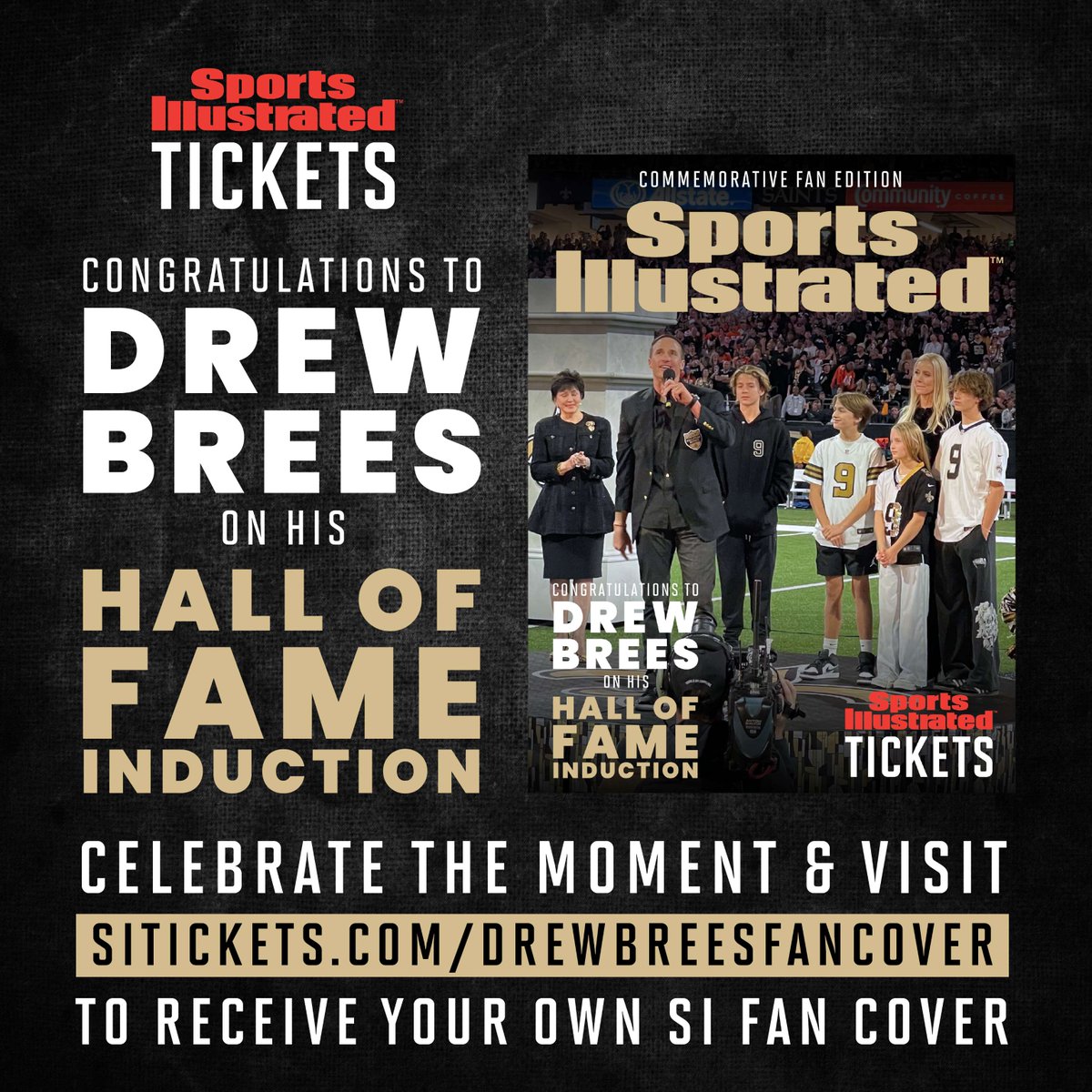 si_tickets_'s tweet photo. 🎉 Congratulations to quarterback Drew Brees on his induction into the Hall of Fame! 🙌 

A true Hall of Famer and a Sports Illustrated Tickets investor—what an incredible combo! To celebrate this special night, grab your commemorative SI Fan Cover at https://t.co/n0dtg5f94p. 🏈 https://t.co/MYf0Z12RHg