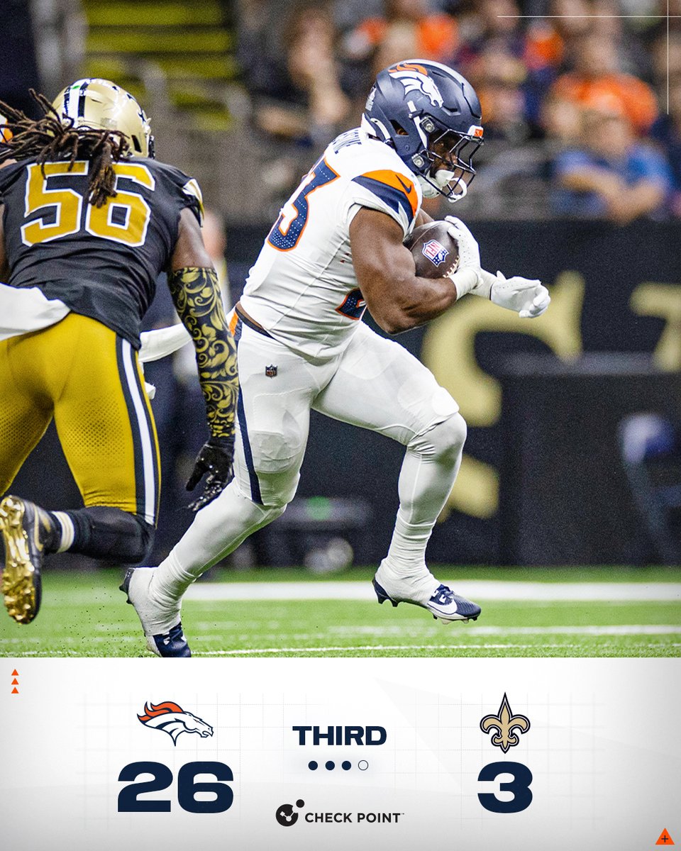 Broncos's tweet photo. Three down, one to go!

#DENvsNO x #TNFonPrime https://t.co/sf2SOWjTH3