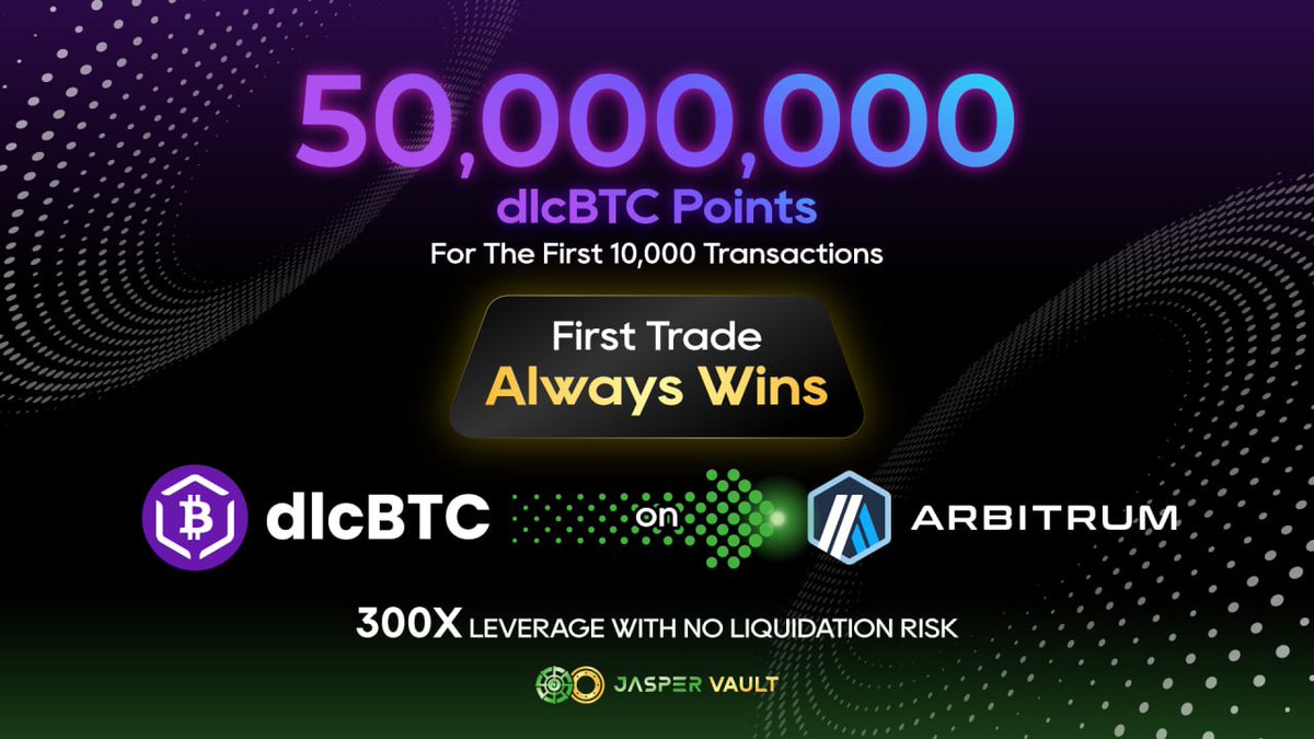 BitSafe_Finance's tweet image. 🚀 @dlcBTC x @JasperVault: First Trade Always Wins 🎉

Experience the most seamless bitcoin options trading experience 🔥

With First Trade Protection: Keep the profits earned (in dlcBTC), or we'll cover the losses! 🤯

📅 Only for the first 10,000 trades—don't miss! 🔗 Link