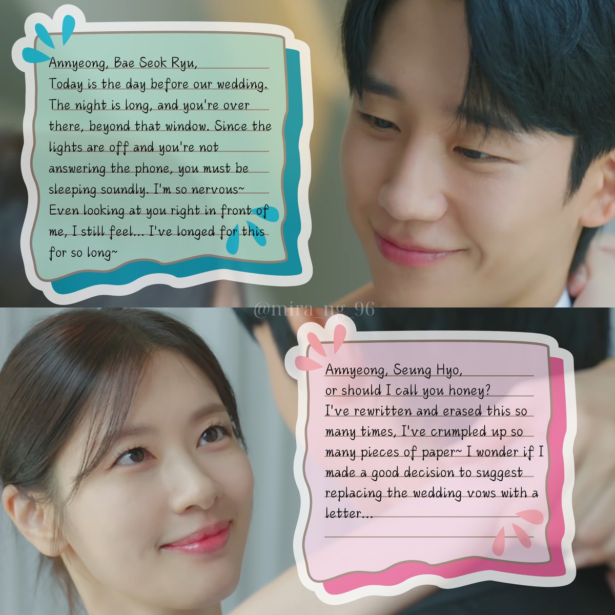 In case you miss Seok Ryu &amp; Seung Hyo's wedding vows from the script book (because of the Bali spam from yesterday)

My eyes tear up just imagining how they'd read to each other at the altar. I miss them so much😭#LoveNextDoor #JungHaeIn #JungSoMin 
Script book credit: <a href="/Odd_luvs2/">봄우</a>