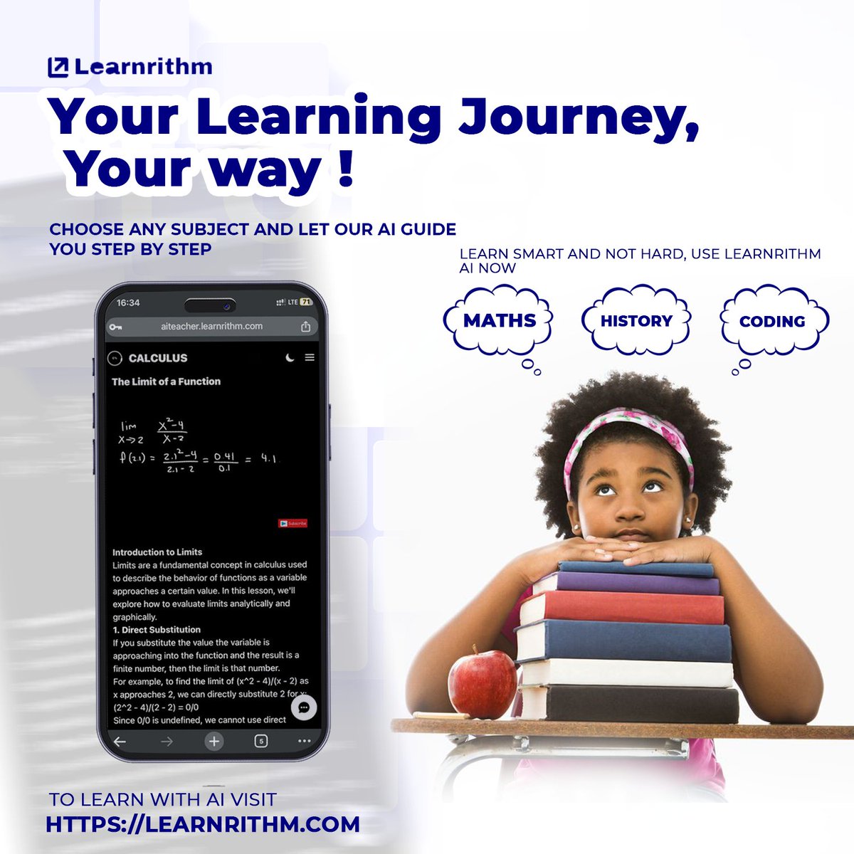 Learnrithmai's tweet photo. Learnrithm AI is a modern learning platform that helps users learn step by step. It adjusts to each person’s skill level and learning style, creating a personalized plan for them.

The platform simplifies hard topics, giving clear explanations and examples. As users learn, it offers quizzes and feedback to help them improve. This method builds confidence and ensures users understand the basics before moving on to tougher material, making learning easier and more enjoyable.

#EdTech, #OnlineLearning, #LearningPlatform, #EducationForAll, #LearnOnline, #AIInEducation, #LearningJourney, #StudyTips, #SelfLearning, #PersonalizedLearning, #ArtificialIntelligence, #AI, #AIForGood, #FutureOfEducation, #TechInEducation, #Innovation, #AItechnology, #MachineLearning, #AItools, #FutureOfLearning, #StudyMotivation, #SuccessMindset, #ContinuousLearning, #SkillDevelopment, #LearningMadeEasy, #StepByStepLearning, #EducationMatters