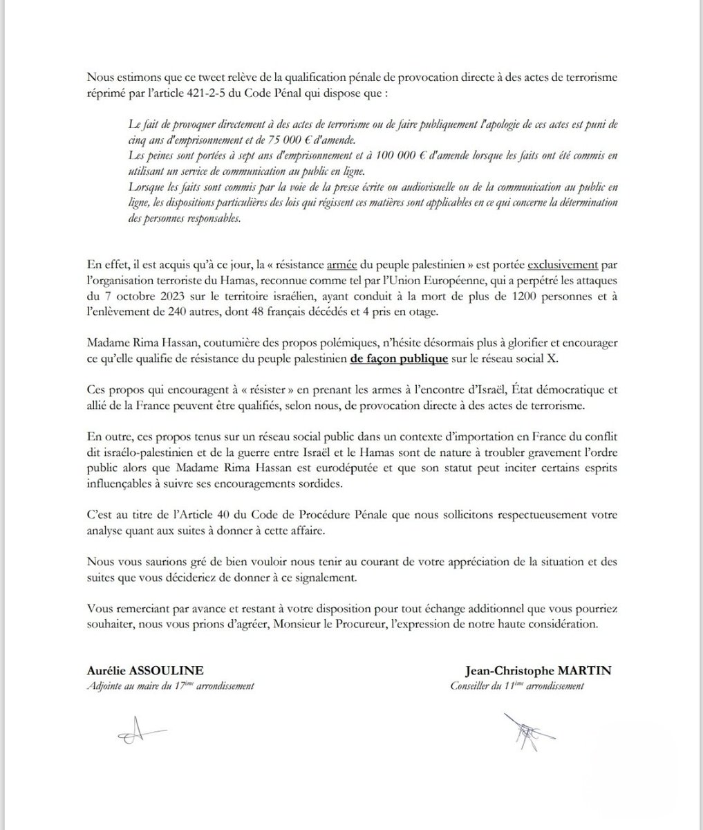 Suite au Twitt du jour de <a href="/RimaHas/">Rima Hassan</a> , nous venons de saisir le Parquet Antiterroriste au titre de l'article 40, avec mon collègue <a href="/JCMartin75011/">Jean-Christophe Martin</a> , élu du 11e.