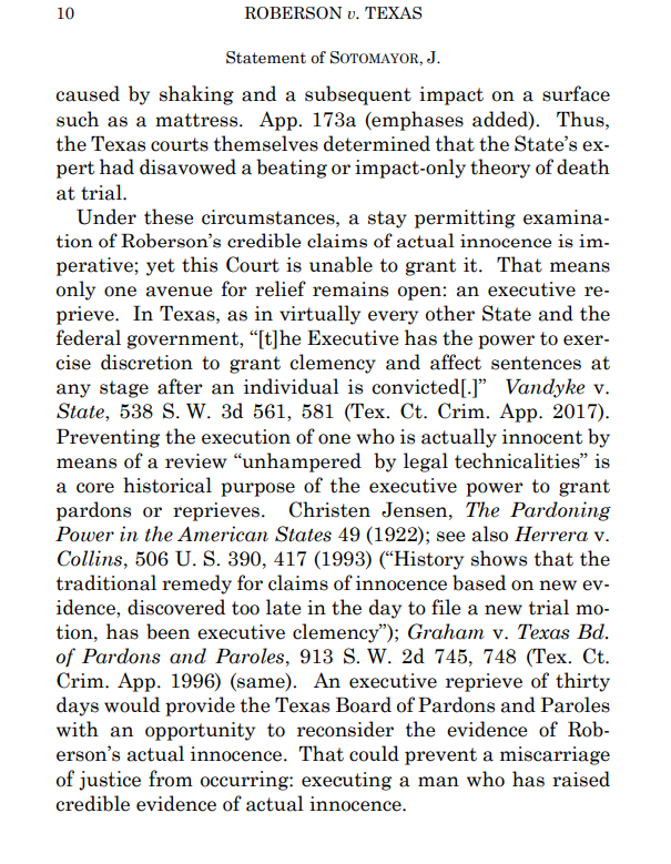 TexDefender's tweet image. Justice Sotomayor has issued a chilling statement on #RobertRoberson&apos;s case. She says that SCOTUS lacks legal authority to act and urges Gov. Abbott to intervene to prevent the execution &quot;of a man who has raised credible evidence of actual innocence.&quot;
