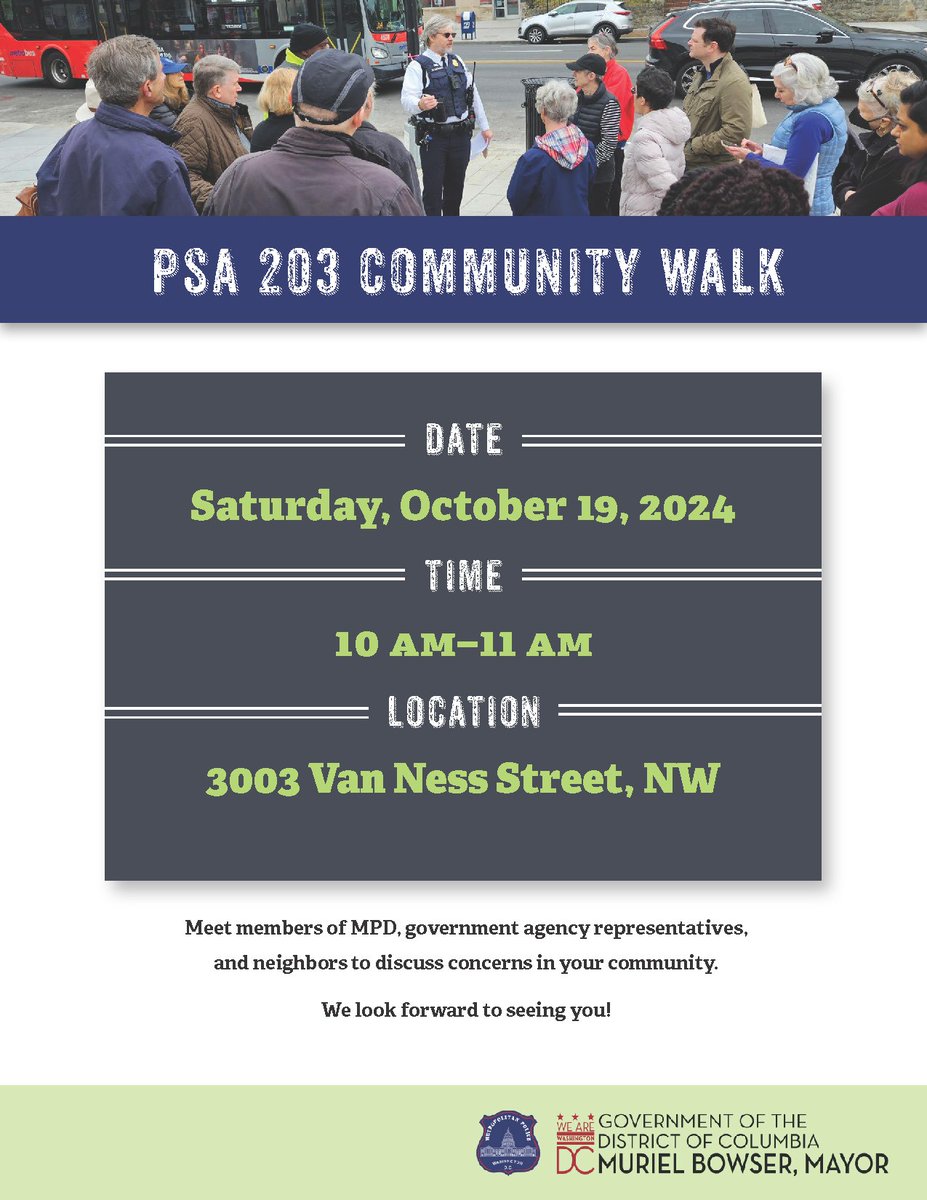 ANC3F's tweet photo. Join MPD on Saturday, 10am at 3003 Van Ness Street, NW for a community walk. https://t.co/dRQVwo7Ehj