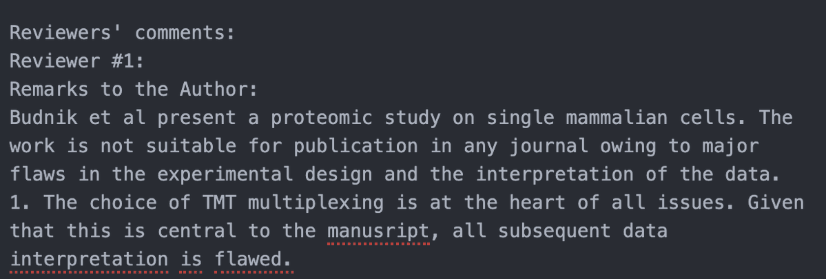 1/
From the peer review file of SCoPE-MS.

7 years ago, many colleagues did not believe that mass spec can quantify proteins from single cells. Naturally, this was reflected in the reviews.

Yet, I was not too concerned because ...