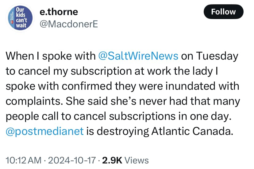 deAdder's tweet photo. All Postmedia had to do was ask the Irvings. Postmedia bought the Irving newspapers after this exact thing happened to them. https://t.co/xJuBMygIz3