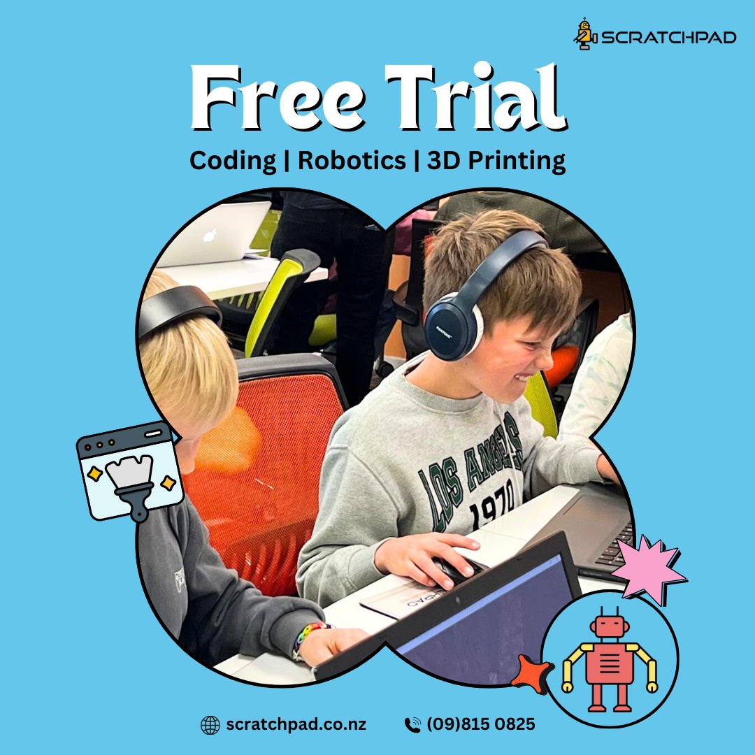 scratchpadnz's tweet photo. Get started with our 𝐅𝐑𝐄𝐄 TRIAL at our centres are located in St. Llearntocode #freetrialStonefields, Royal Oak, Henderson, Silverdale &amp; Papanui.. Bring your kids along for a free workshop on coding and robotics where they get to build their first program!

REGISTER for this https://t.co/AbBkMVzn2m