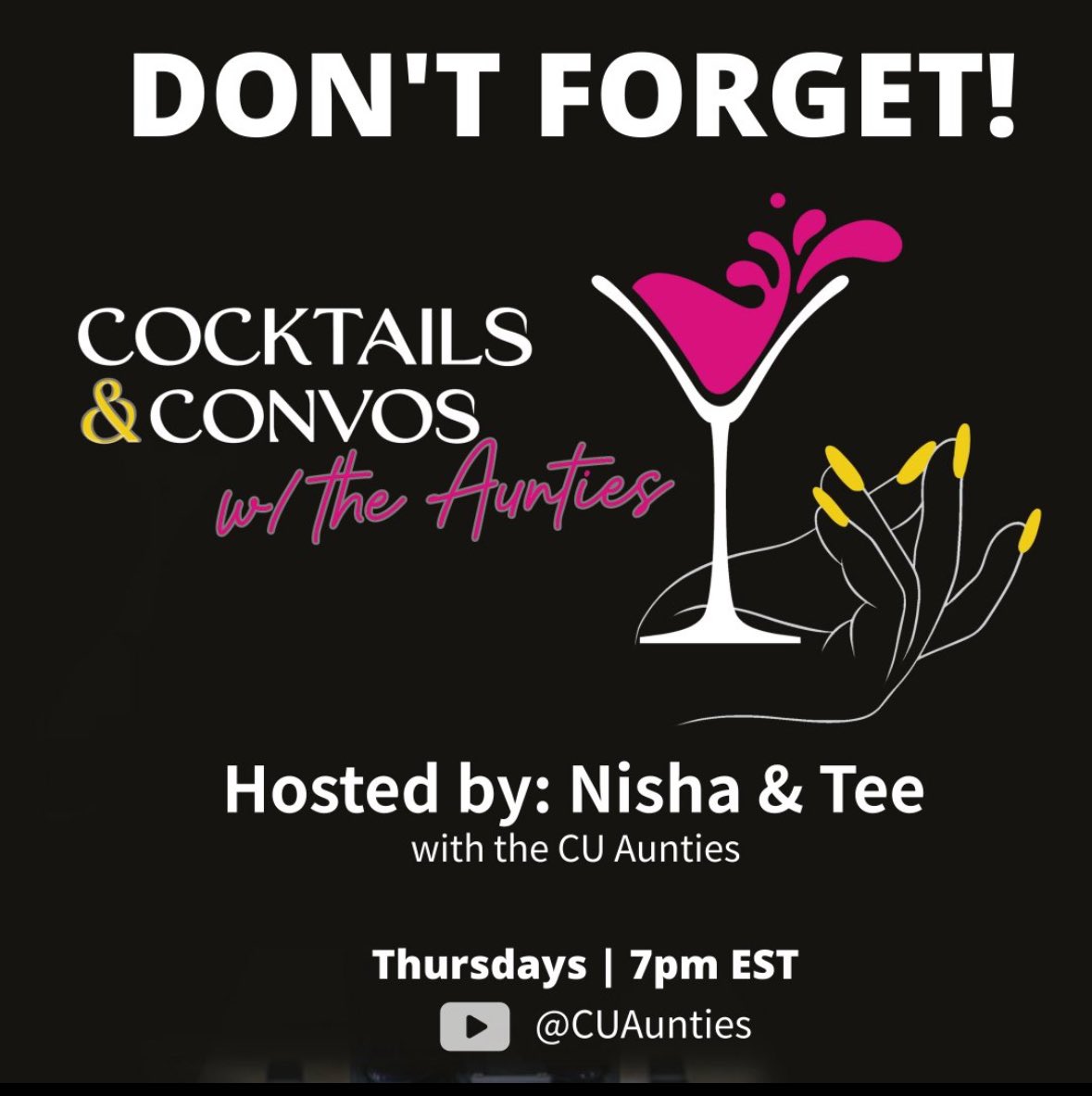 CUaunties's tweet photo. The ladies are sipping and chatting football! Join the Aunties live today @7pm EST on YouTube.
#Cocktails #Mocktails #SipNChat #Girltalk #CocktailsConvo #CuAunties #MixandMingle #Football https://t.co/4XBQdzS1FI