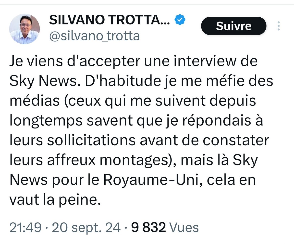 Silvano Trotta n'a honte de rien. Il y a quelque temps, il se ventait auprès de ses fidèles qu'il serait interviewé par Sky News. Il s'imaginait déjà devenir enfin la star qu'il pense être.