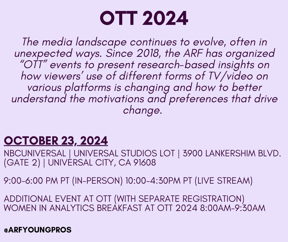Join the ARF on next Wednesday on October 23 in-person or virtually to hear the latest data and discussions of the data’s implications from leading media and measurement experts. 

#ARFYP
#ARFYoungPros
#thearf 
#OTT2024