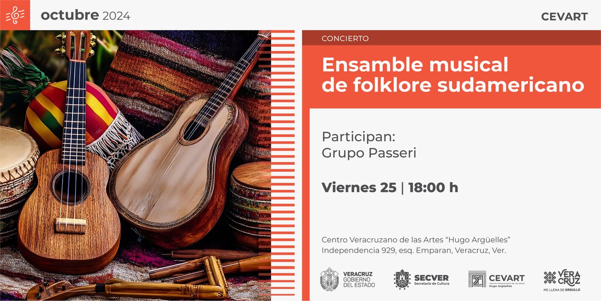 Ven a disfrutar del concierto Ensamble musical de folklore sudamericano a cargo de Grupo Passeri, conjunto vocal- instrumental de músicos veracruzanos que interpreta melodías representativas del folklore sudamericano.
📆 Viernes 25 de octubre.
⏰ 18:00 horas.
🔴 Entrada libre.