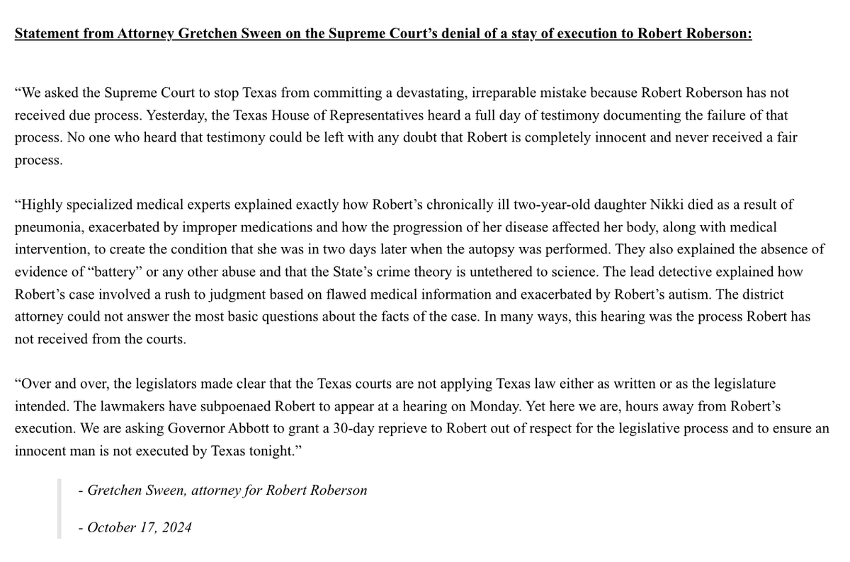 RDunhamDP's tweet photo. Counsel for Robert Roberson have issued this statement concerning the U.S. Supreme Court's denial of a stay of execution in his case. @TexDefender @TCADPdotORG @texasccatdp @innocence @WTIUSA #Texas #deathpenalty https://t.co/75L0ubCagR
