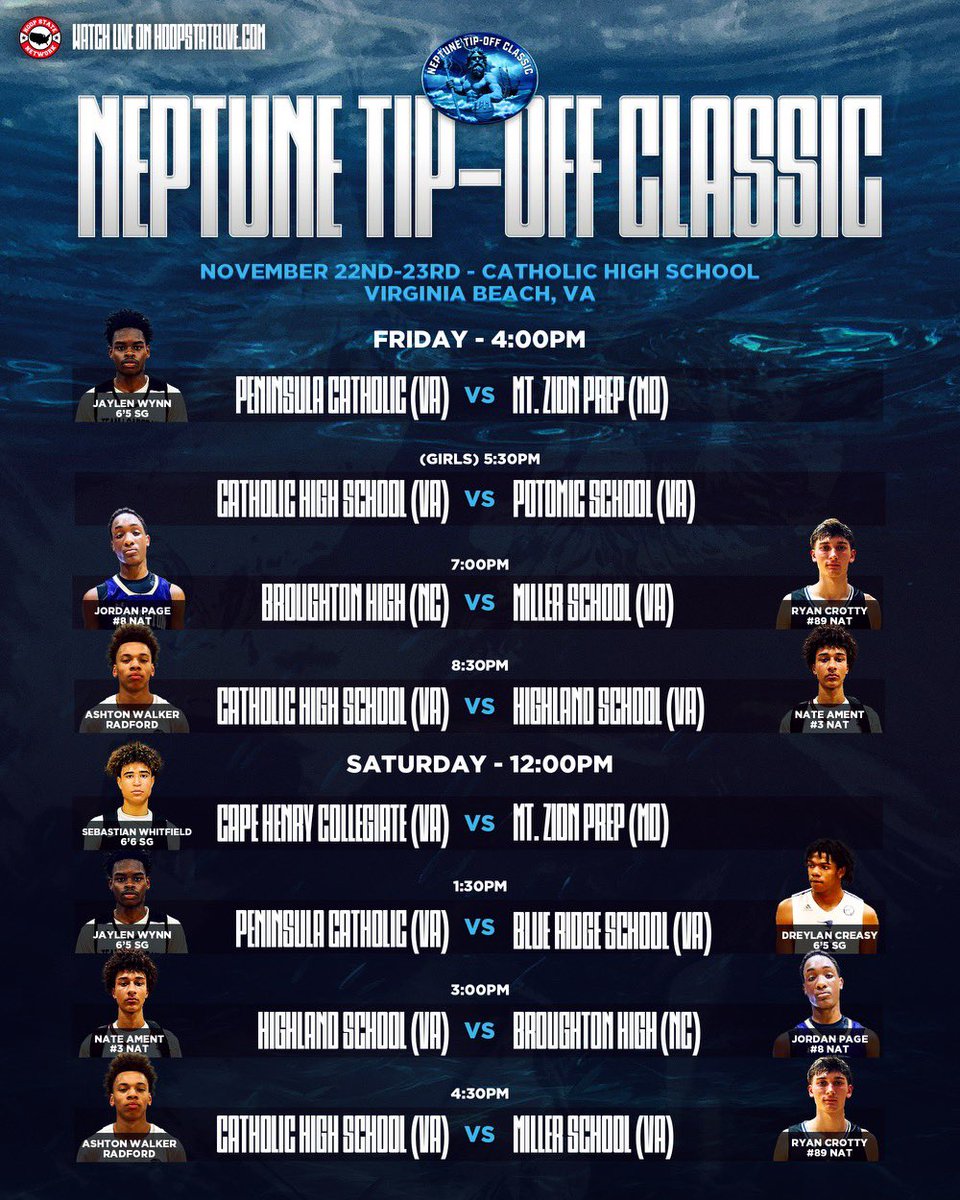 Hoop State Network (@thehoopstate) on Twitter photo 🚨ANNOUNCEMENT🚨
#3 vs #8 headline ELITE line-up for Year 2 of the <a href="/NeptuneTipOff/">NEPTUNE TIP-OFF CLASSIC</a> 🏀 invading Virginia Beach with 8 total games with teams from VA, NC & MD
🏟️ <a href="/CHSVBcrusaders/">Catholic High School</a>
📆 Nov 22nd-23rd
#HoopState #HoopStateHSTour 🚨ANNOUNCEMENT🚨
#3 vs #8 headline ELITE line-up for Year 2 of the <a href="/NeptuneTipOff/">NEPTUNE TIP-OFF CLASSIC</a> 🏀 invading Virginia Beach with 8 total games with teams from VA, NC & MD
🏟️ <a href="/CHSVBcrusaders/">Catholic High School</a>
📆 Nov 22nd-23rd
#HoopState #HoopStateHSTour