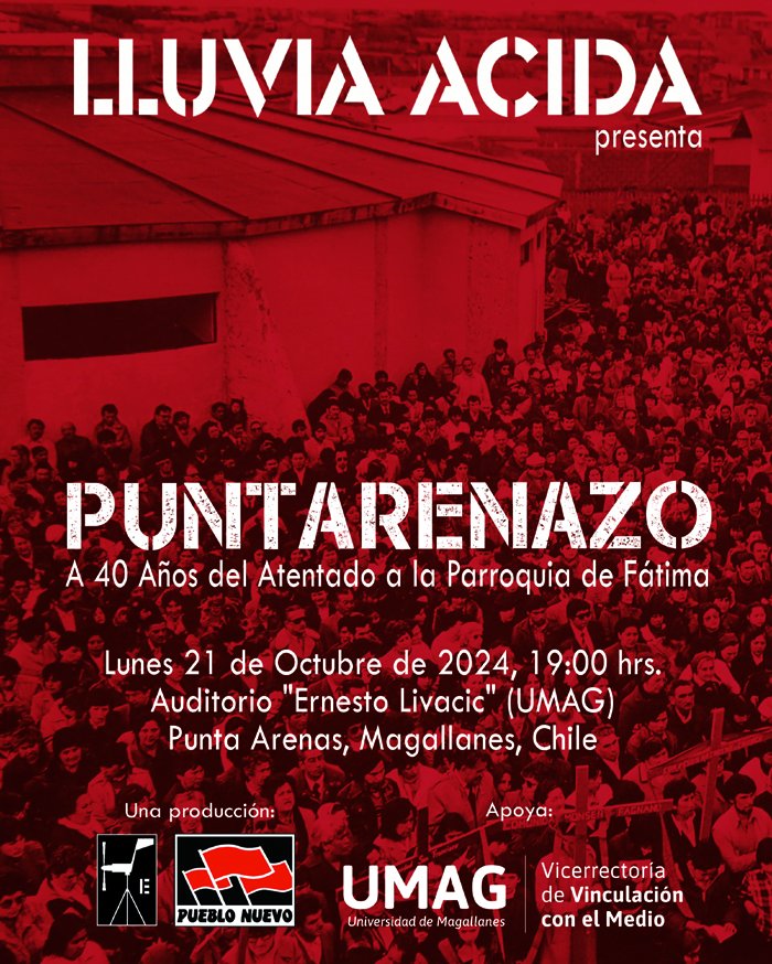 Mostraremos nuestra obra "PUNTARENAZO" en la Universidad de Magallanes umag.cl/vcm/?p=75726 <a href="/culturasmag/">Culturas Magallanes</a> <a href="/culturas_cl/">Ministerio de las Culturas</a> <a href="/inddhh/">INDH Chile</a> <a href="/umagtv/">UMAG TV</a>
<a href="/udemagallanes/">Universidad de Magallanes</a> <a href="/nuestrocanto/">NUESTRO CANTO</a> <a href="/musica_popular/">MusicaPopular.cl</a> <a href="/Musicachilenacl/">MusicaChilenaCL</a> @pueblonuevo_cl <a href="/LaPrensAustral/">La Prensa Austral</a> <a href="/RadioMagallanes/">Radio Magallanes</a> <a href="/RadioPolar/">Polar Comunicaciones</a> <a href="/baradit/">Jorge Baradit Morales</a> <a href="/efeortega/">Francisco Ortega</a>