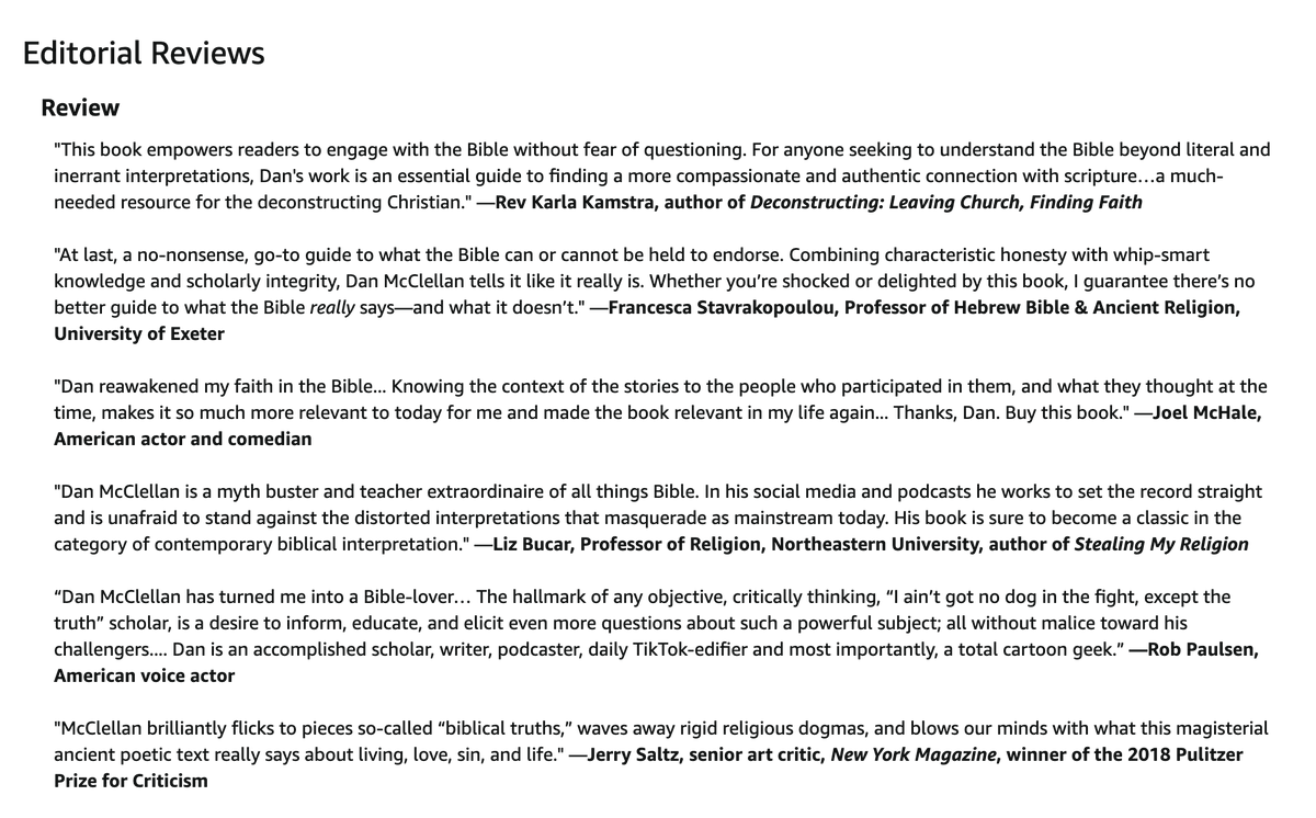 Dan McClellan (@maklelan) on Twitter photo A really fun part of writing The Bible Says So was harassing friends until they wrote endorsements for me, including <a href="/jerrysaltz/">Jerry Saltz</a>, <a href="/BucarLiz/">Liz Bucar</a>, <a href="/joelmchale/">Joel McHale</a>, <a href="/yakkopinky/">Rob Paulsen</a>, <a href="/RevKarla/">Rev Karla</a> (featured soon on <a href="/data_over_dogma/">Data Over Dogma Podcast</a>), <a href="/ProfFrancesca/">Prof Francesca Stavrakopoulou</a> & more are forthcoming!
static.macmillan.com/static/smp/bib… A really fun part of writing The Bible Says So was harassing friends until they wrote endorsements for me, including <a href="/jerrysaltz/">Jerry Saltz</a>, <a href="/BucarLiz/">Liz Bucar</a>, <a href="/joelmchale/">Joel McHale</a>, <a href="/yakkopinky/">Rob Paulsen</a>, <a href="/RevKarla/">Rev Karla</a> (featured soon on <a href="/data_over_dogma/">Data Over Dogma Podcast</a>), <a href="/ProfFrancesca/">Prof Francesca Stavrakopoulou</a> & more are forthcoming!
static.macmillan.com/static/smp/bib…