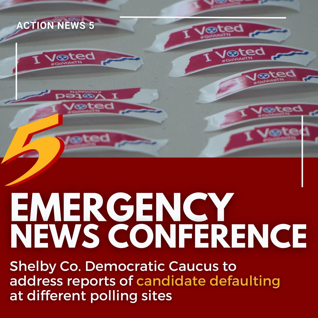 WMCActionNews5's tweet photo. The Shelby Co. Legislative Democratic Caucus will host an emergency press conference Thursday to address reports of candidate defaulting at several different polling locations.

Action News 5 will livestream the event, which is set to begin at 6:15 p.m. https://t.co/aEPio5dDDd https://t.co/gEeR5EPrOK