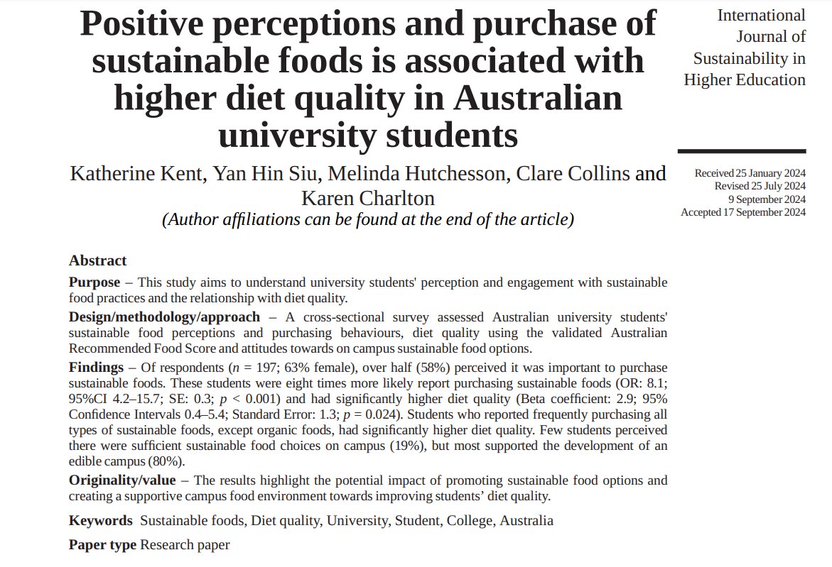 🌱New study just published! 

Uni students who prioritise sustainable food have higher diet quality🍏🥦 

Most want more sustainable options on campus—time for an #EdibleCampus <a href="/UOW/">UOW</a>? 🌍🌡️ 

Perfect read for #GlobalClimateChangeWeek!

Read the study: doi.org/10.1108/IJSHE-…