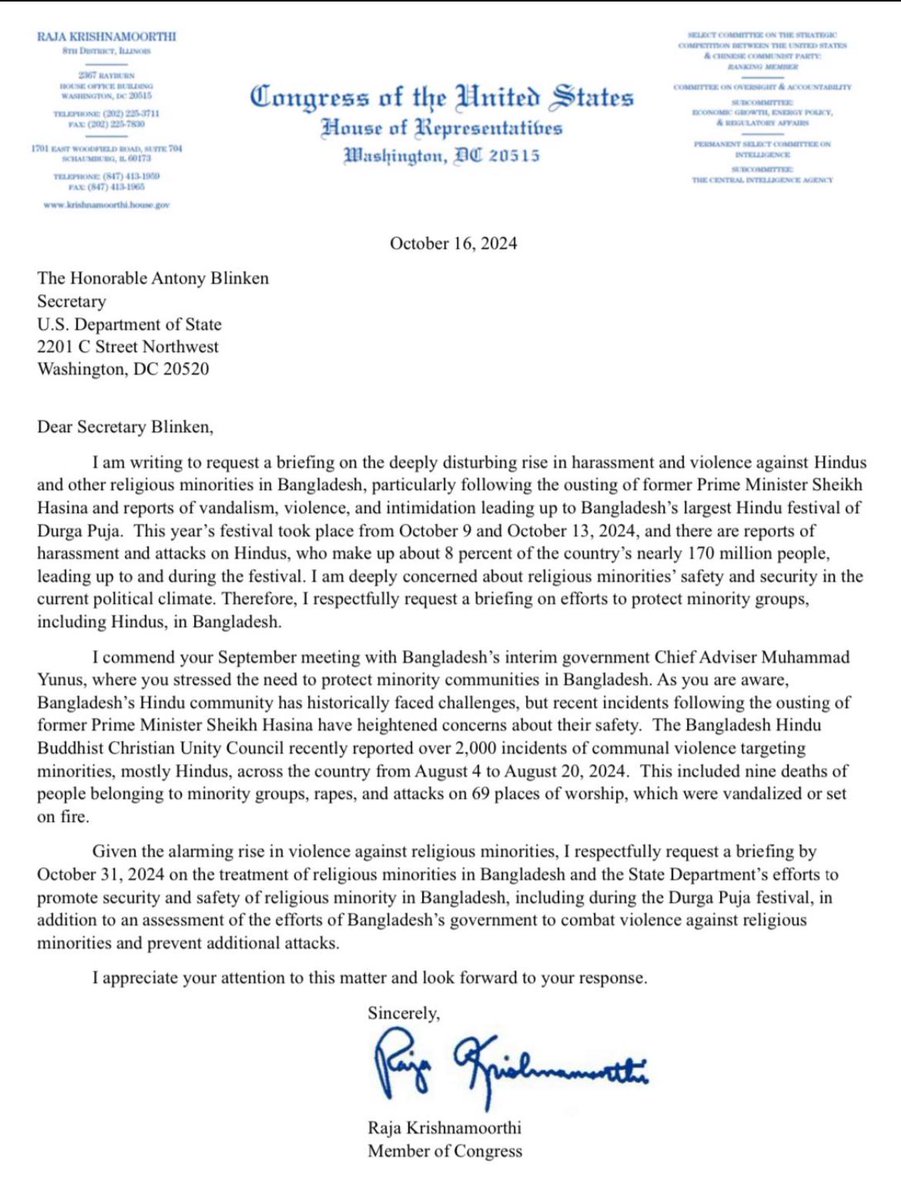 CoHNAOfficial's tweet photo. Thank you @CongressmanRaja for taking the lead to write and draw attention to the harrowing and continued violence against #BangladeshiHindus . We thank you on behalf of the thousands of diaspora Hindus who have been rallying and advocating for attention to this cause.

#Hindus are a small #minority community (7%) in #Bangladesh, yet they have faced an outsized proportion of the violence following the recent political turmoil-- everything from lynching, murder, rapes, forced resignations and job loss, loss of property to attacks on temples and desecrations of sacred murtis and puja pandals. 

Nor is this a new issue linked to a change in governments. In 2021, Bangladeshi Hindus faced a similar onslaught of attacks during #DurgaPuja. 

@SecBlinken we request you to refer to State Department Reports dating back to 1971 to see the deep-seated religious animosity faced by Hindus in the country.  We request you to ensure that basic #HumanRights and #FreedomofReligion are protected.

#SaveBangladeshiHindus #bangladeshihinduslivesmatter