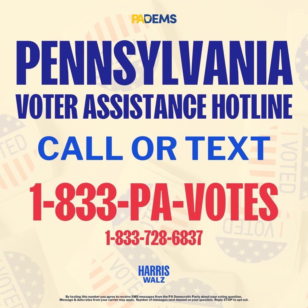 GJezerc's tweet photo. If you have questions about how and when to vote, or encounter an issue when trying to vote in this election, contact the Voter Assistance Hotline: 1-833-PA-VOTES.

Keep this number handy and share it with your friends, family, and followers!  

#KamalaForPA https://t.co/R0naUZPt5T