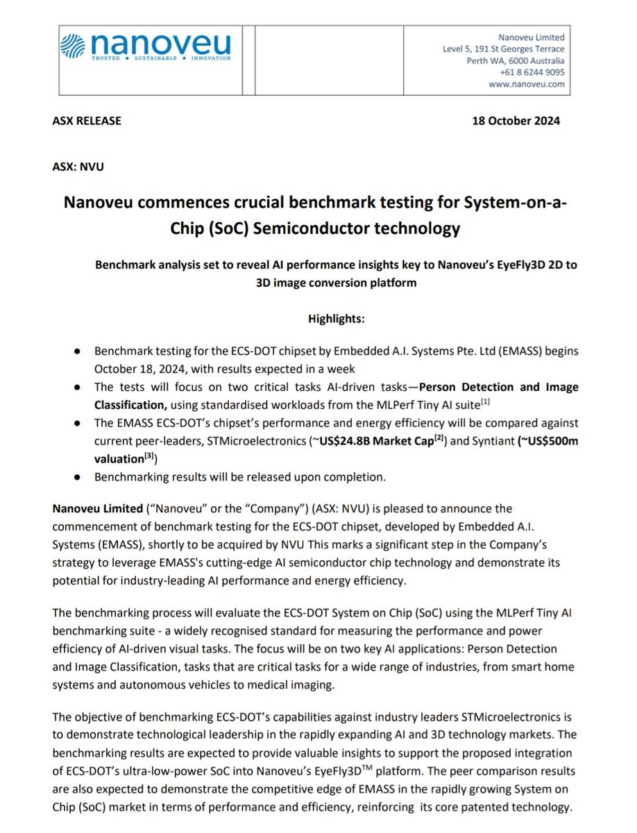 RawMinerals's tweet photo. 🚨 Just In: $NVU announcement
"Nanoveu commences crucial benchmark testing for System-on-a-Chip (SoC) Semiconductor technology"
In the meantime Taiwan Semiconductor $TSM, the world's largest contract chip manufacturer, just reported Q3 revenue of ~$23.5 billion, up 36% Y/Y, thanks to strong demand for high-end chips used in AI applications.
Taiwan Semi's main customers include ;
$AMD $NVDA $QCOM $INTC
$AAPL $AVGO
Now refer to $NVU 16th Oct ASX announcement, Nanoveu/TSM partnership 🤝
Seems like this $20M MC is flying under the radar 🤔
DYOR