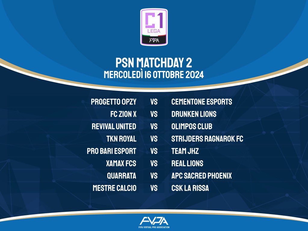 📅 MATCHDAY
🏆 <a href="/FVPA_net/">FVPA.net 🇮🇹</a> C1
⏰ 22:00