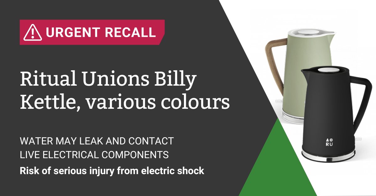 If your morning cuppa's made with a Billy kettle from Ritual Unions, stop immediately: it's been recalled. There is a risk of serious injury or death from electric shock if water leaks from the kettle and comes into contact with live electrical components. bit.ly/3A7qsmr