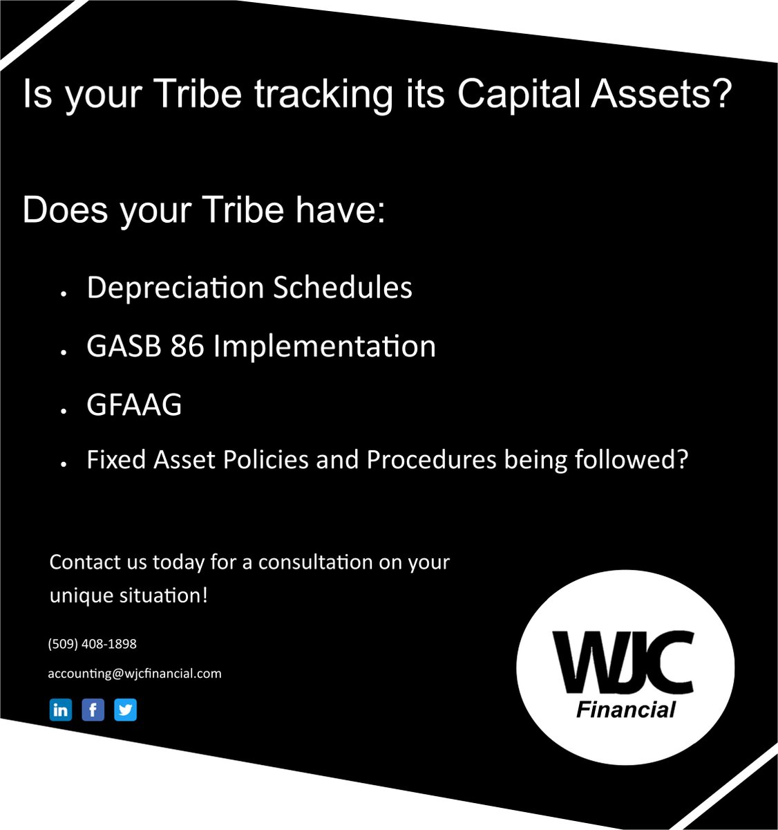 WJC_Financial's tweet photo. Does your Tribe need help with its Capital Assets?
#Audit #AuditPrep #CapitalAsset #fixedasset #helpingtribesthrive https://t.co/cDMeCI1lfO