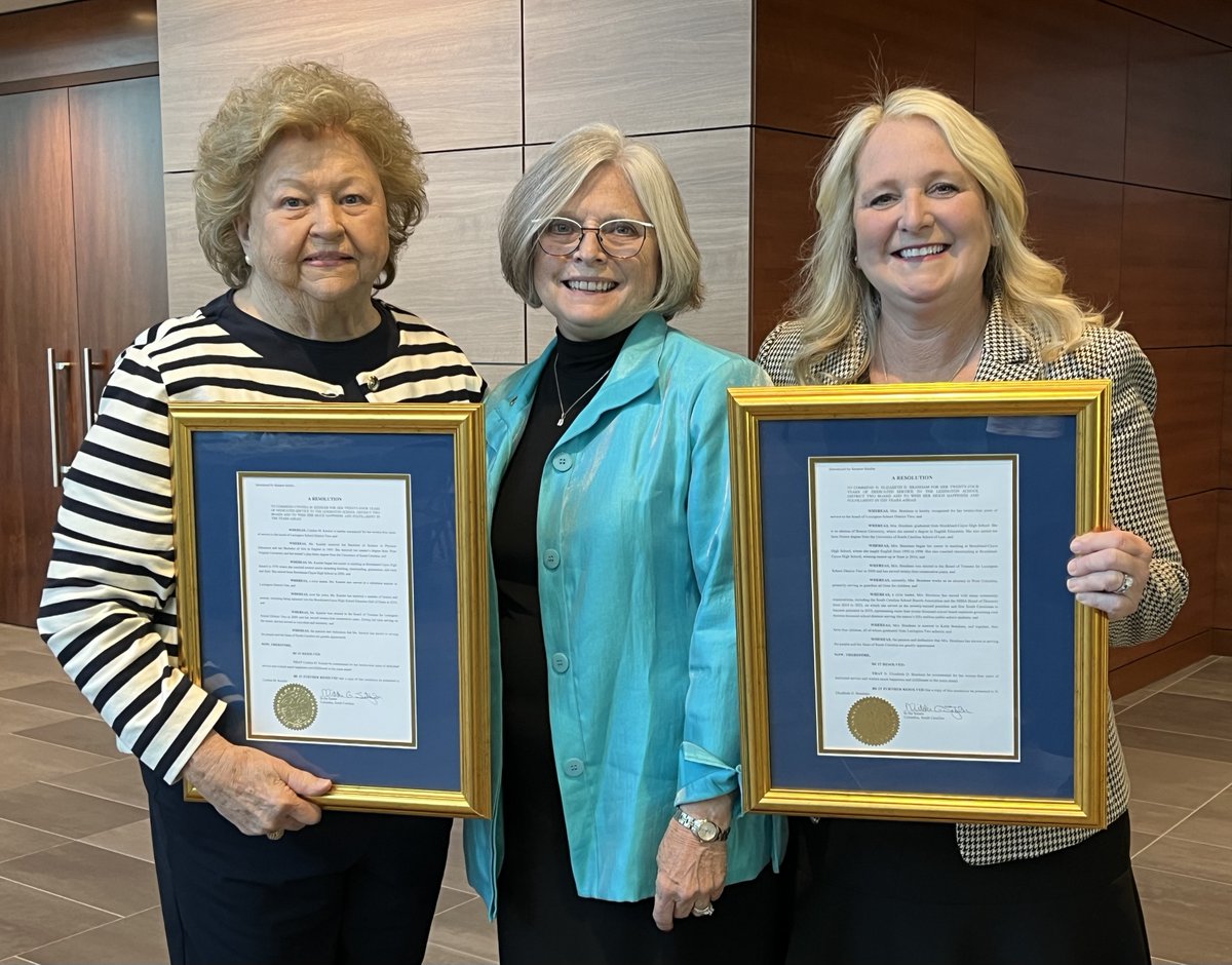 LexingtonTwo's tweet photo. Wonderful event, recognizing retiring #Lex2 board members Cindy Kessler (left) and Beth Branham (right) for their longtime service to students, employees + the community. Thank you to @SenatorShealy for attending and presenting Resolutions to each. @SCASAnews @SCSBA  #WeAreLex2 https://t.co/HRjC0Q4gZl