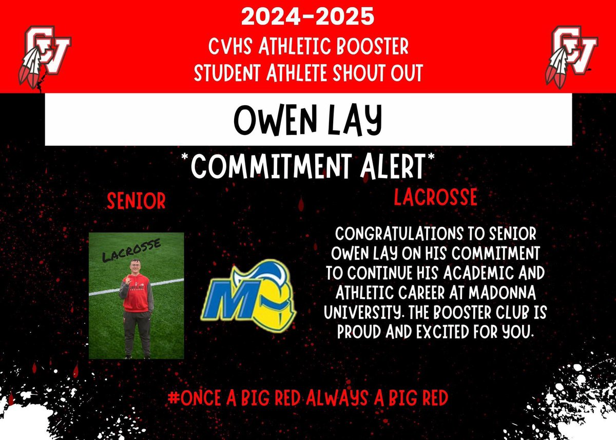 CVHSAthBoosters's tweet photo. ***COMMITMENT ALERT***

Congratulations to Sr Owen Lay @Owen_Lay_ on his commitment to continue his academic and athletic Career at Madonna University. The Athletic Boosters are proud and excited for you.#BigRedFamily #BigRedsCompetingAtTheNextLevel #OnceABigRedAlwaysABigRed https://t.co/fnkB0OovQJ