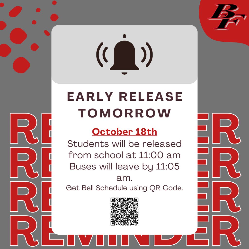 bigfooths's tweet photo. 🚨 Reminder for all Big Foot High School students! Tomorrow is an Early Release day! 🕚 School ends at 11:00 AM.  #EarlyRelease #BigFootHigh https://t.co/mJ6oDMz8ZN
