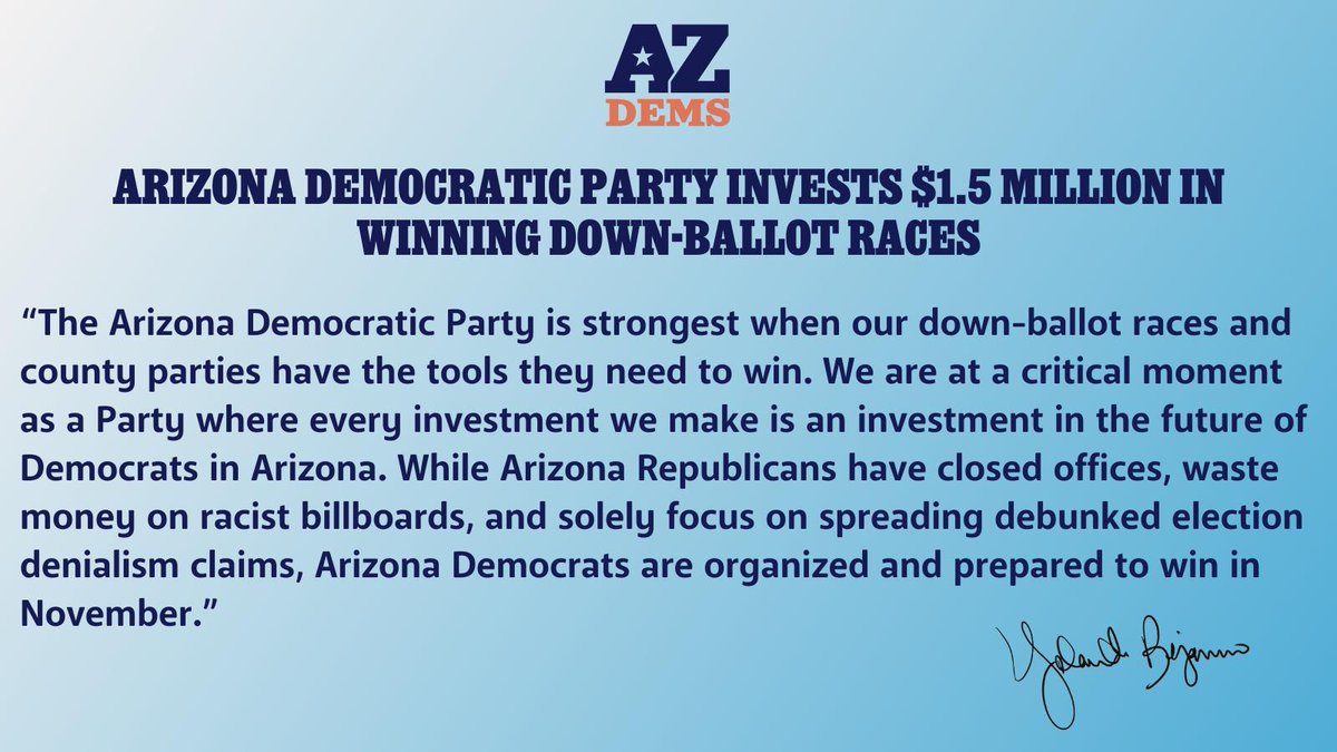 azdemparty's tweet image. The ADP is investing $1.5 million down the ballot so that we can elect Democrats that are going to move our state forward. 

READ MORE here: azdem.org/arizona-democr…