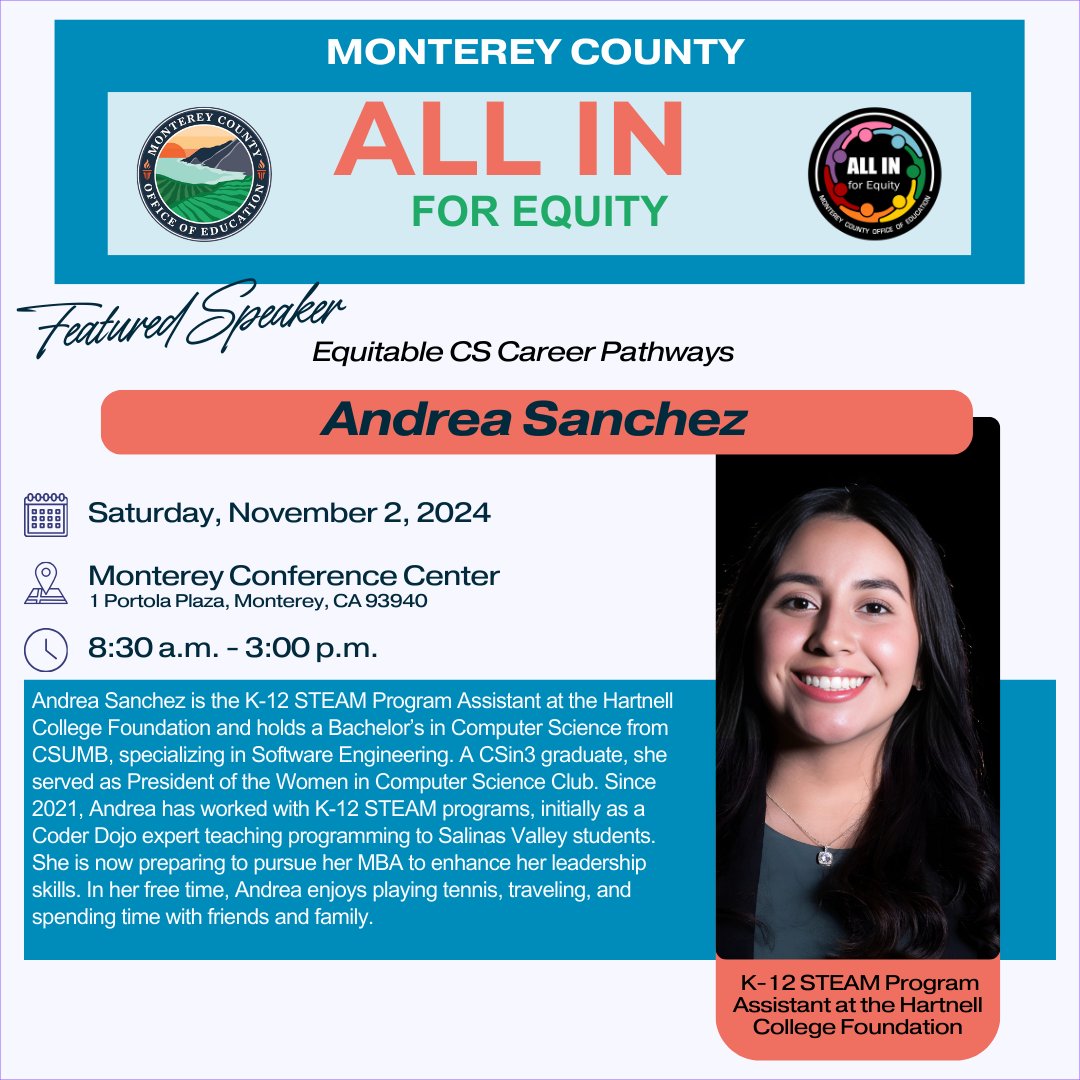 Rod Garcia (@mrrodgarcia) on Twitter photo π Join us for the Monterey County "All In for Equity" Conference on Nov 2, 2024! Weβre excited to feature inspiring leaders in Computer Science and Equity:
πΉ Dr. Sharisa Chan - Associate Director, CS Equity Project <a href="/UCLA_CenterX/">UCLA, Center X</a>. Learn about CS Identity Activities for Equity π Join us for the Monterey County "All In for Equity" Conference on Nov 2, 2024! Weβre excited to feature inspiring leaders in Computer Science and Equity:
πΉ Dr. Sharisa Chan - Associate Director, CS Equity Project <a href="/UCLA_CenterX/">UCLA, Center X</a>. Learn about CS Identity Activities for Equity