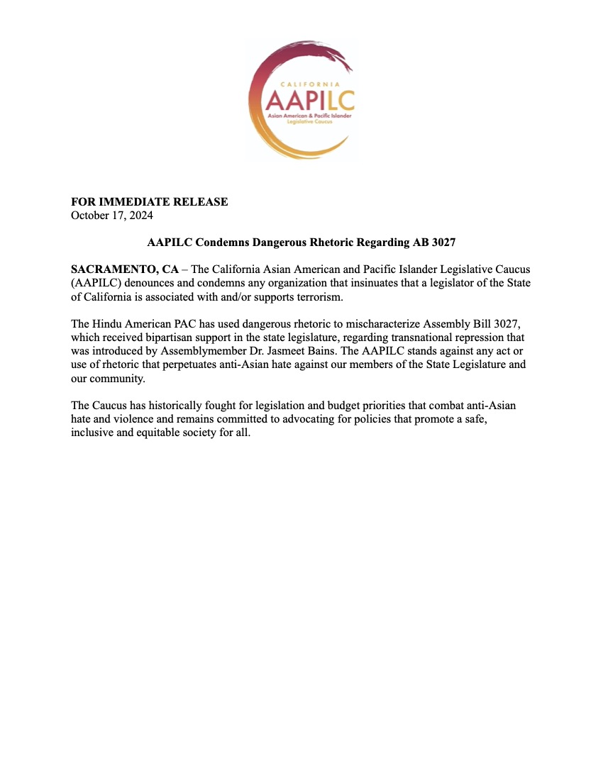 CA Asian American and Pacific Islander Leg. Caucus (@aapilegcaucus) on Twitter photo AAPILC condemns dangerous rhetoric regarding Assembly Bill 3027 AAPILC condemns dangerous rhetoric regarding Assembly Bill 3027