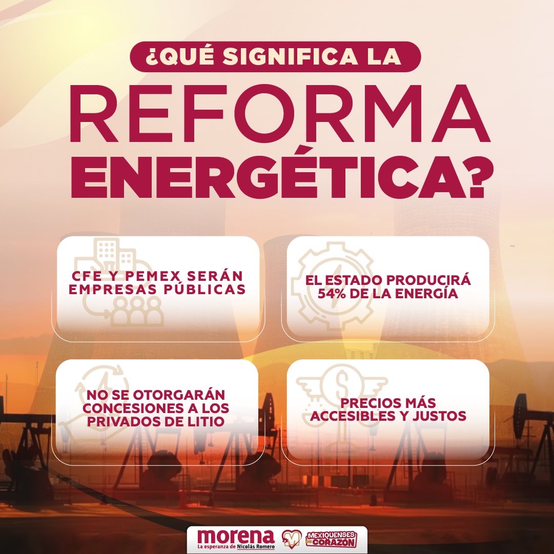Morena_NicolasR's tweet photo. La Cuarta Transformación hizo historia al aprobar la reforma energética que devuelve al pueblo la soberanía de sus recursos. Esto demuestra que la Cuarta Transformación sigue abriendo nuevos caminos para impulsar, como nunca, el desarrollo y la economía del país. https://t.co/o6DwgdywL7